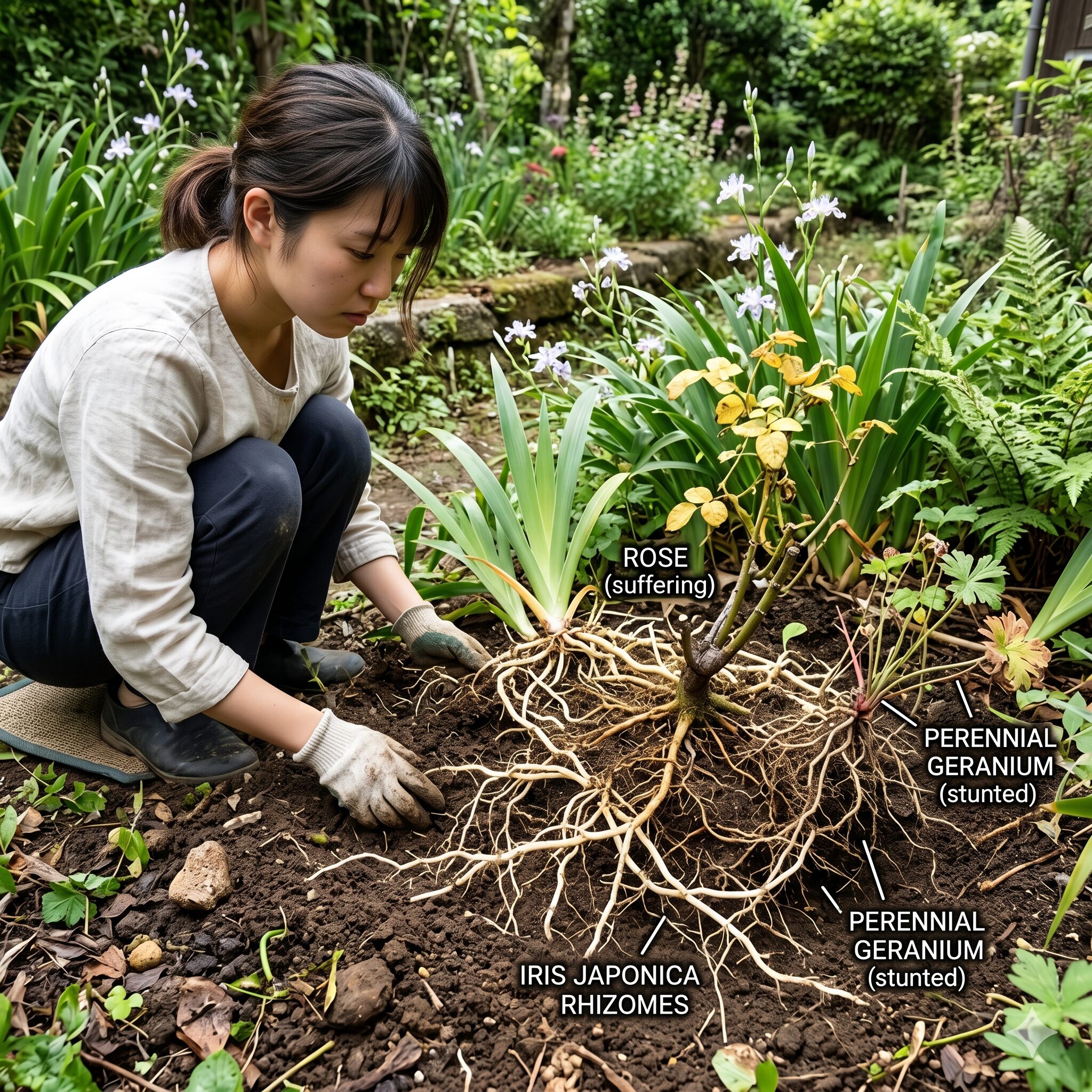 シャガ花言葉8　他の植物の根域まで蔓延するシャガの強力な地下茎、繁殖力のリスク