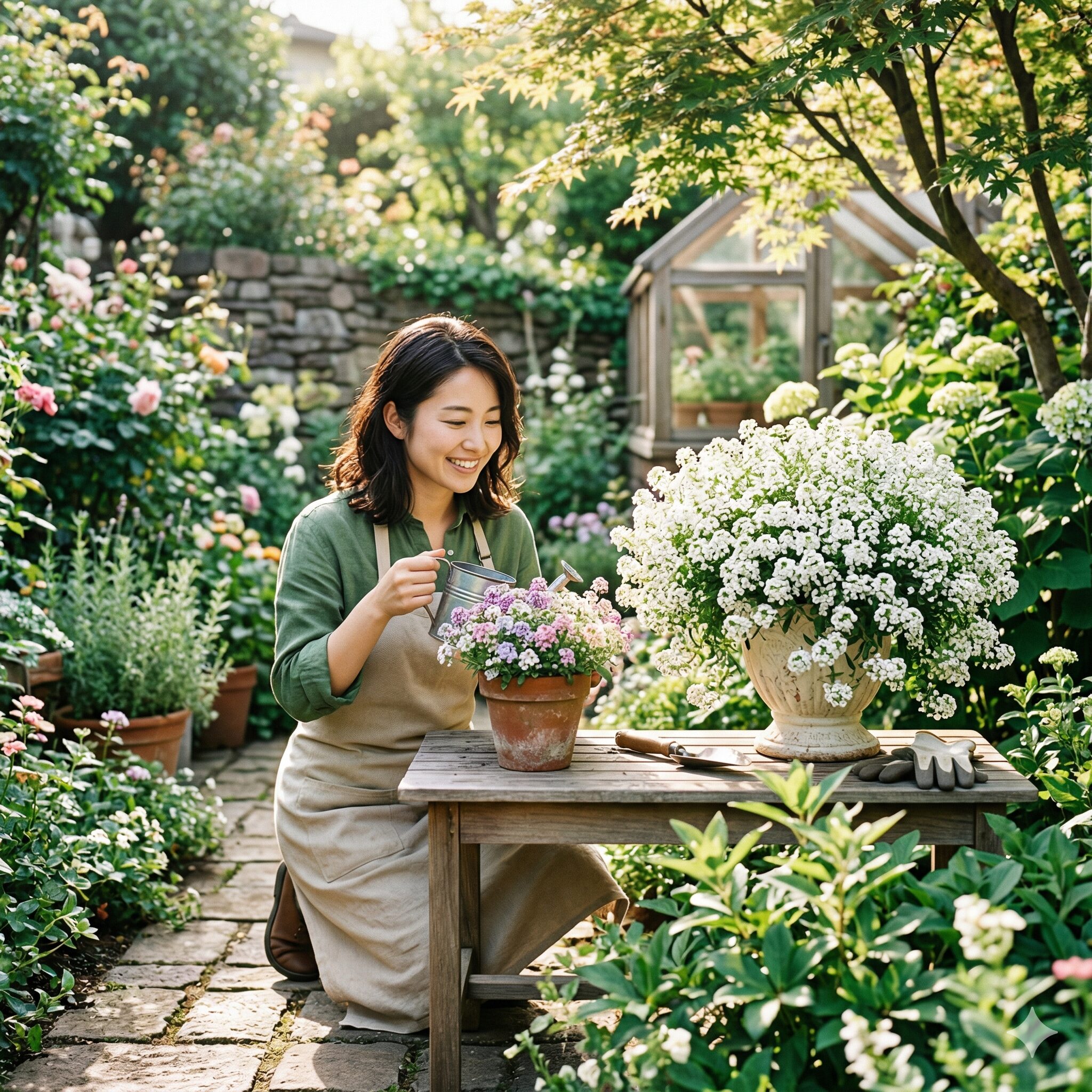 スイートアリッサム スーパーアリッサム 違い1　スイートアリッサムとスーパーアリッサムの苗を並べて比較した庭の風景