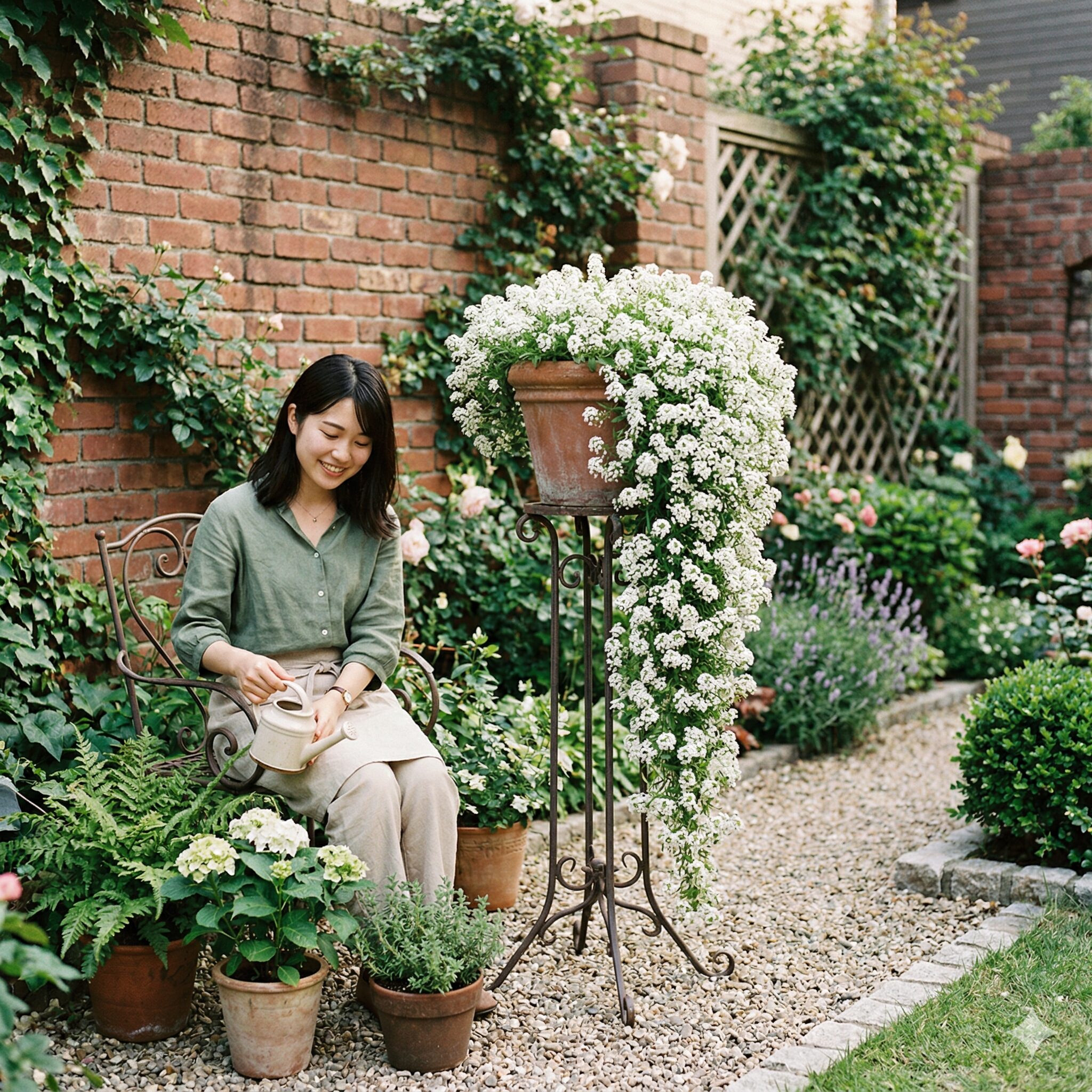 スイートアリッサム スーパーアリッサム 違い10 スーパーアリッサムを鉢植えで滝のように仕立てた立体的なデザイン事例