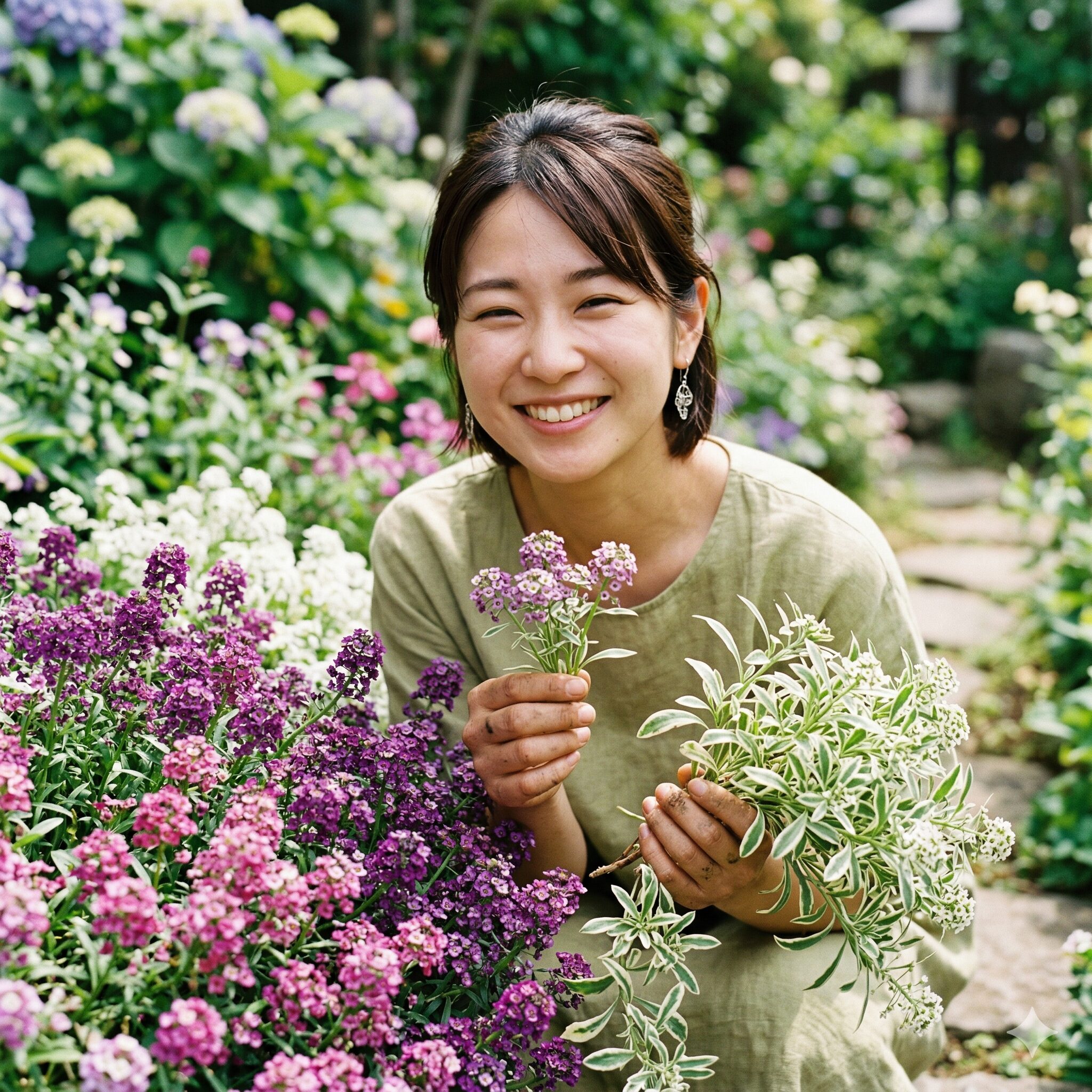 スイートアリッサム スーパーアリッサム 違い6 スイートアリッサムの多彩な花色とスーパーアリッサムの斑入り葉の比較