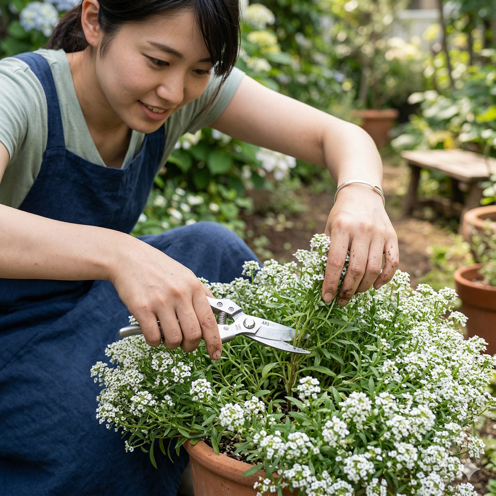 スイートアリッサム スーパーアリッサム 違い7 梅雨前のアリッサムの切り戻し剪定と夏越し対策の様子
