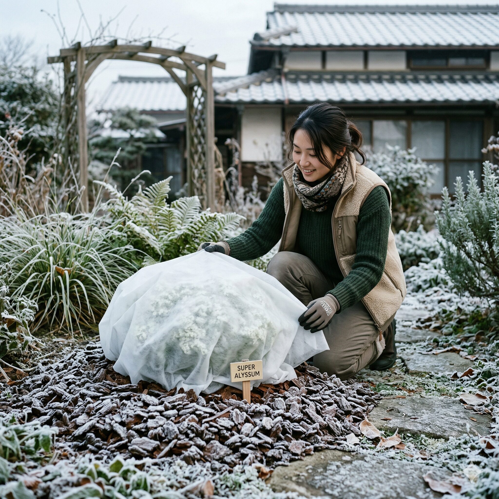 スイートアリッサム スーパーアリッサム 違い8 冬の寒さからアリッサムを守る不織布とバークチップによる防寒対策