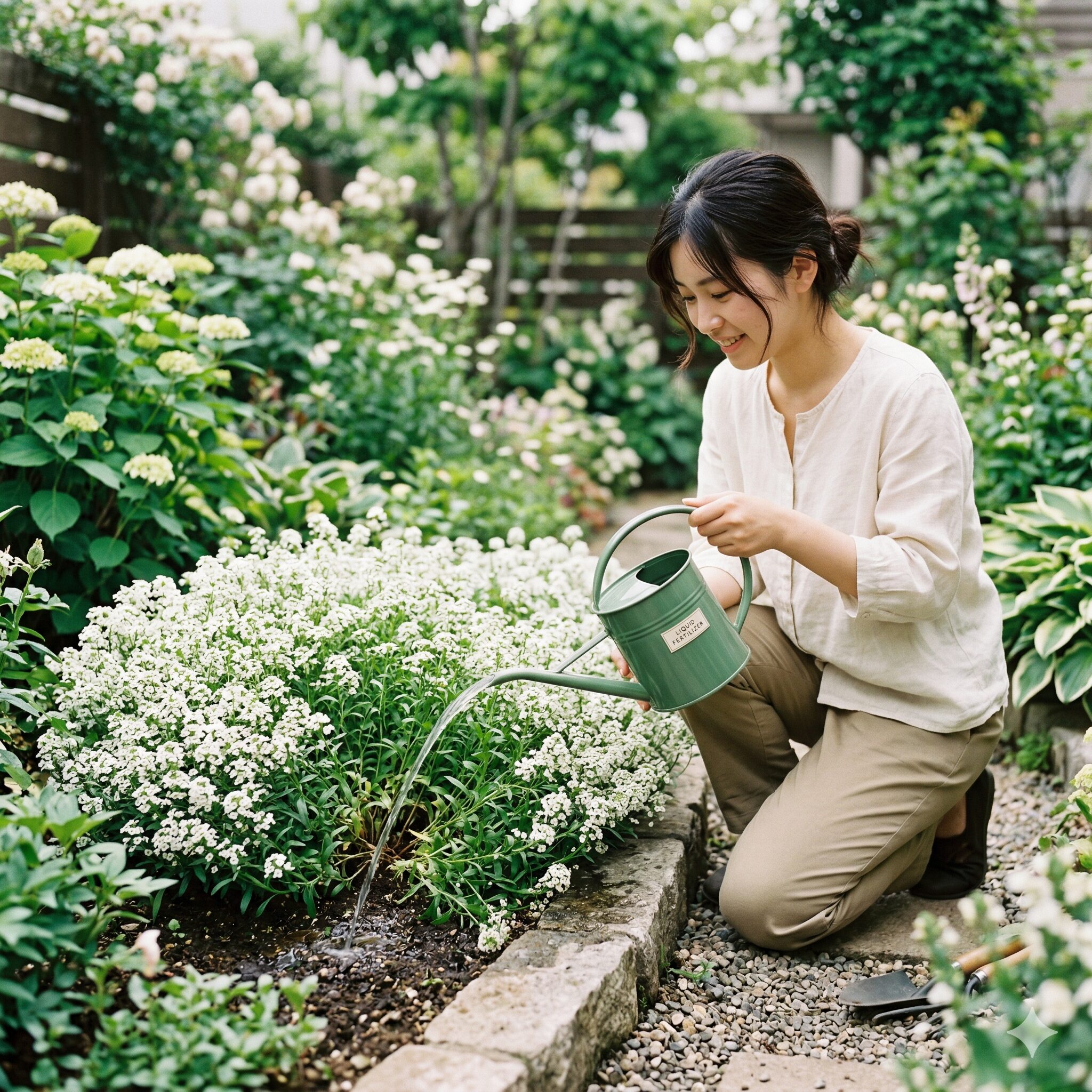 スイートアリッサム スーパーアリッサム 違い9 満開のアリッサムに液体肥料で追肥を行うメンテナンス風景