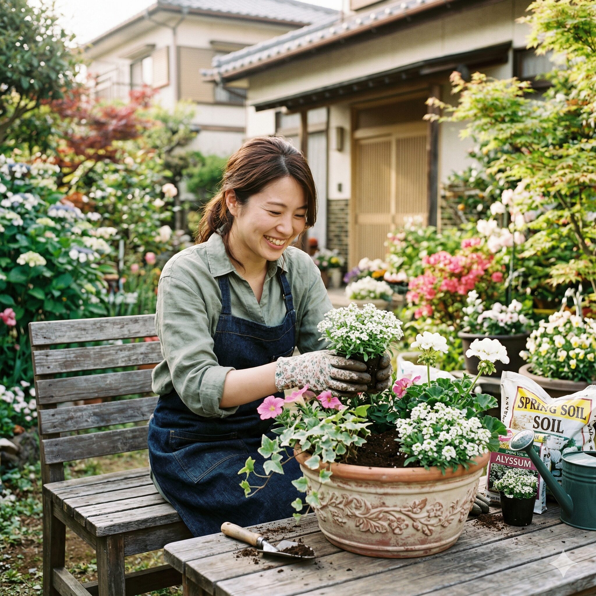 スイートアリッサム 似た花1　春の庭でスイートアリッサムの苗を鉢に植える女性。