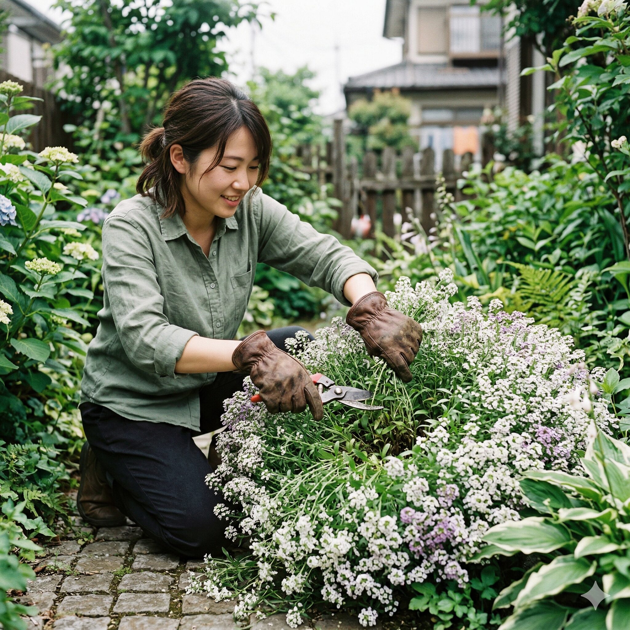 スイートアリッサム 似た花10　スイートアリッサムの夏越し対策として、梅雨前に株を切り戻す様子。