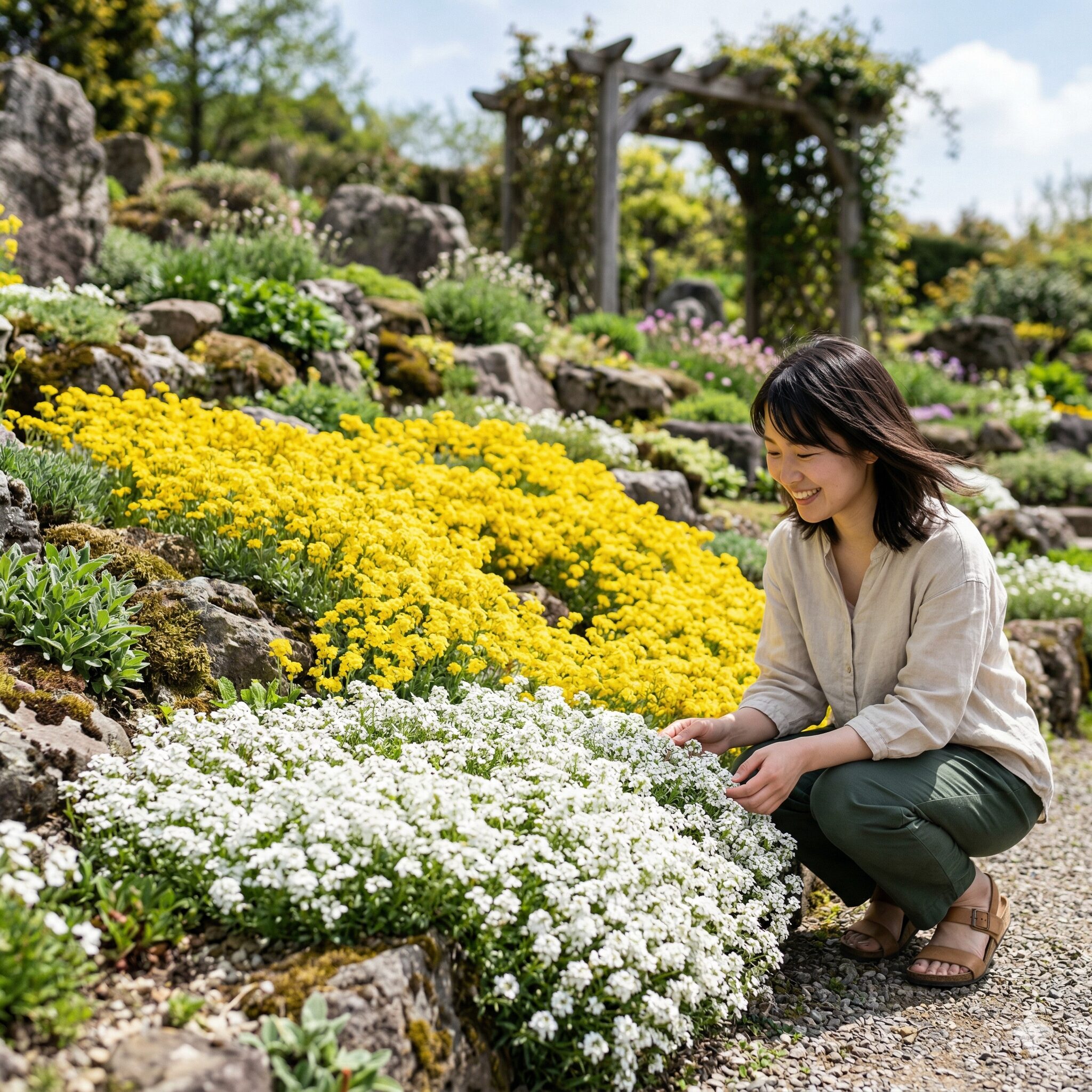 スイートアリッサム 似た花2　白いスイートアリッサムと黄色の宿根アリッサムの花色の違い。