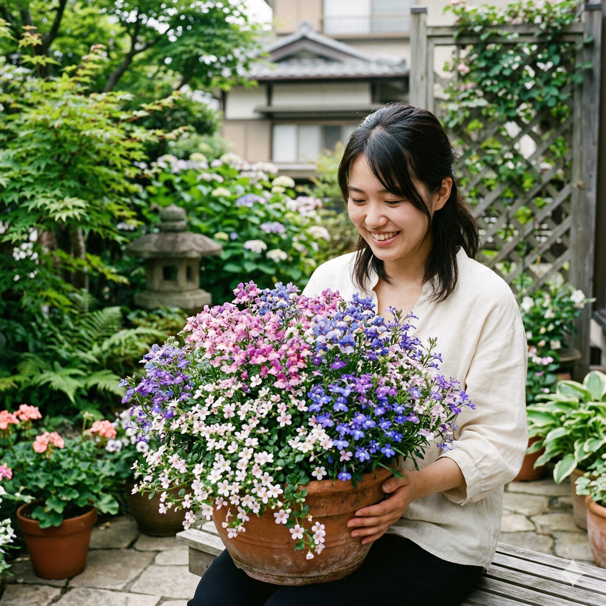 スイートアリッサム 似た花5　バコパやロベリアなど、アリッサムに似た色鮮やかな小花の寄せ植え。
