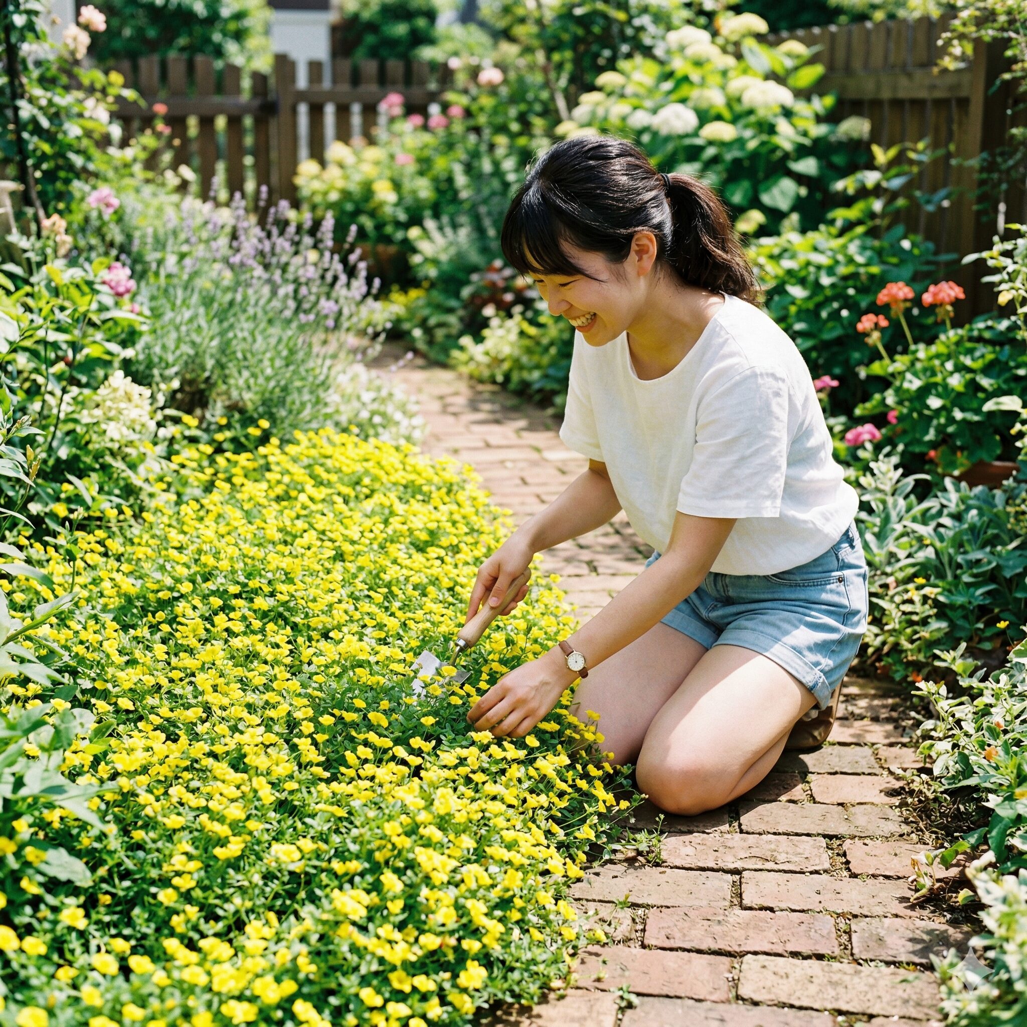 スイートアリッサム 似た花9　夏の庭で絨毯のように地面を覆い尽くす鮮やかな黄色のメカルドニア。