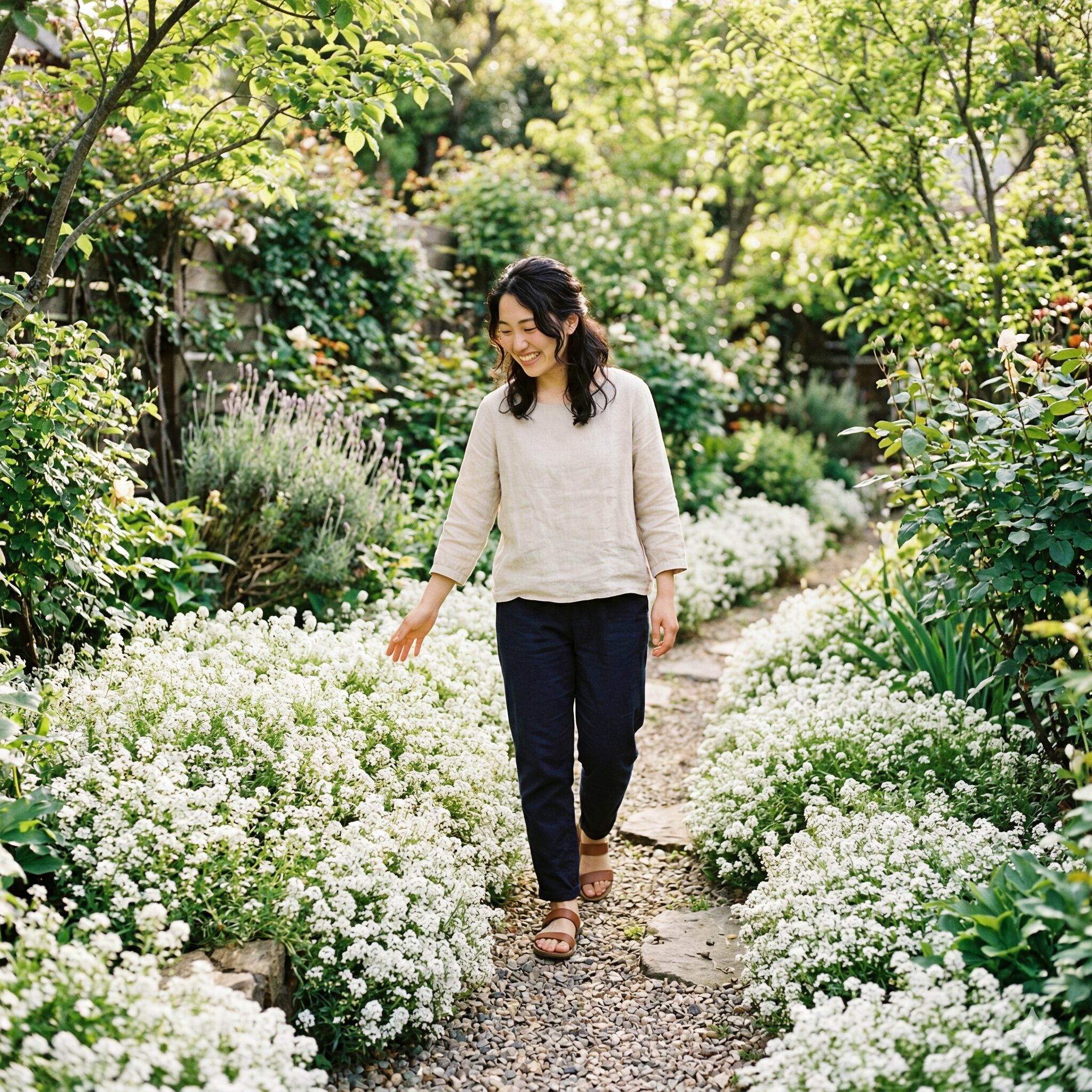 スイートアリッサム 増やし方1　春の庭の小道沿いに満開に咲く白いスイートアリッサムの花のカーペット
