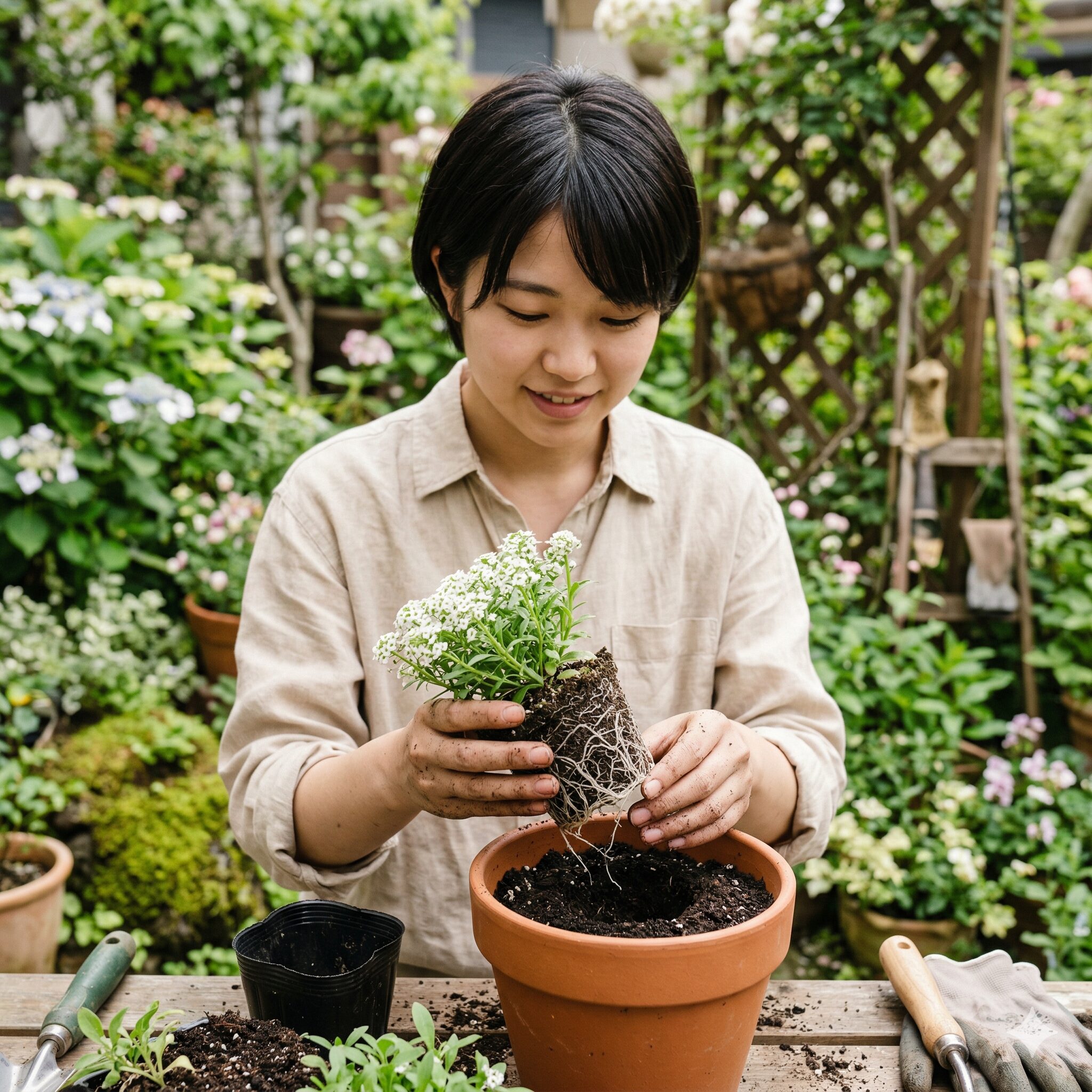 スイートアリッサム 増やし方10 根鉢を崩さないように慎重にスイートアリッサムの苗を植え替える様子