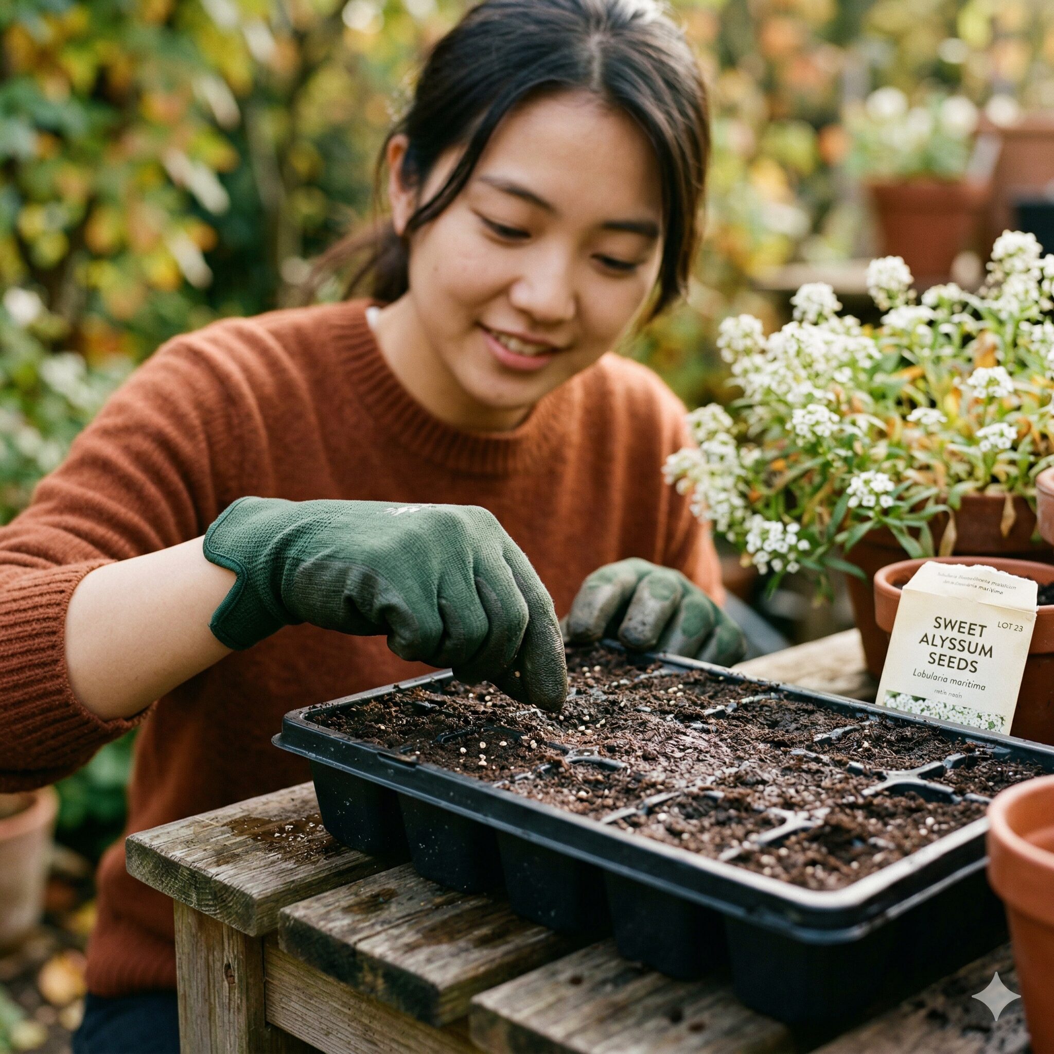 スイートアリッサム 増やし方2 秋に育苗トレイの土へスイートアリッサムの小さな種をまく様子