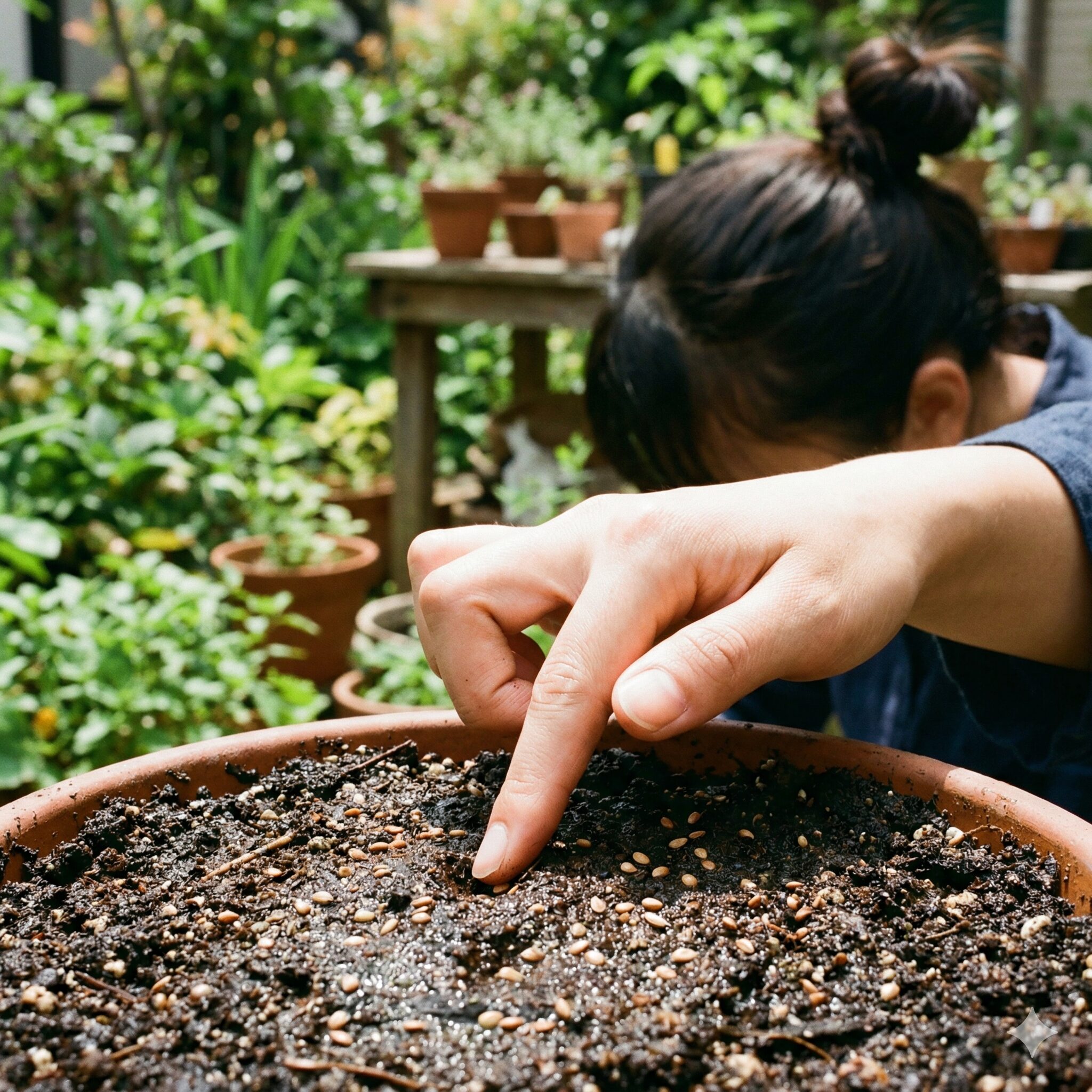 スイートアリッサム 増やし方3 スイートアリッサムの種を土に押し付けて密着させる鎮圧(ちんあつ)作業の接写
