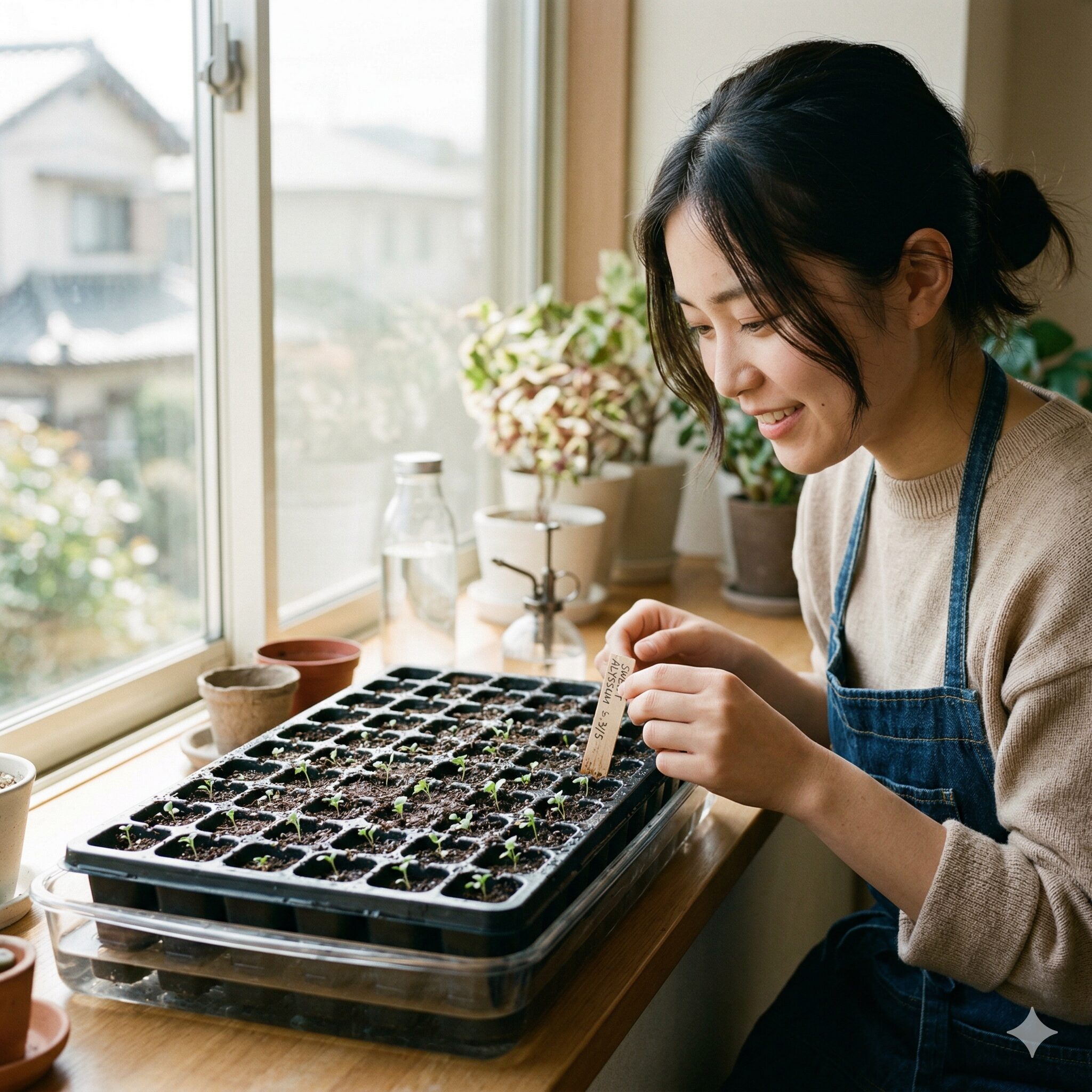 スイートアリッサム 増やし方4 育苗トレイを受け皿の水に浸けて行うスイートアリッサムの底面給水