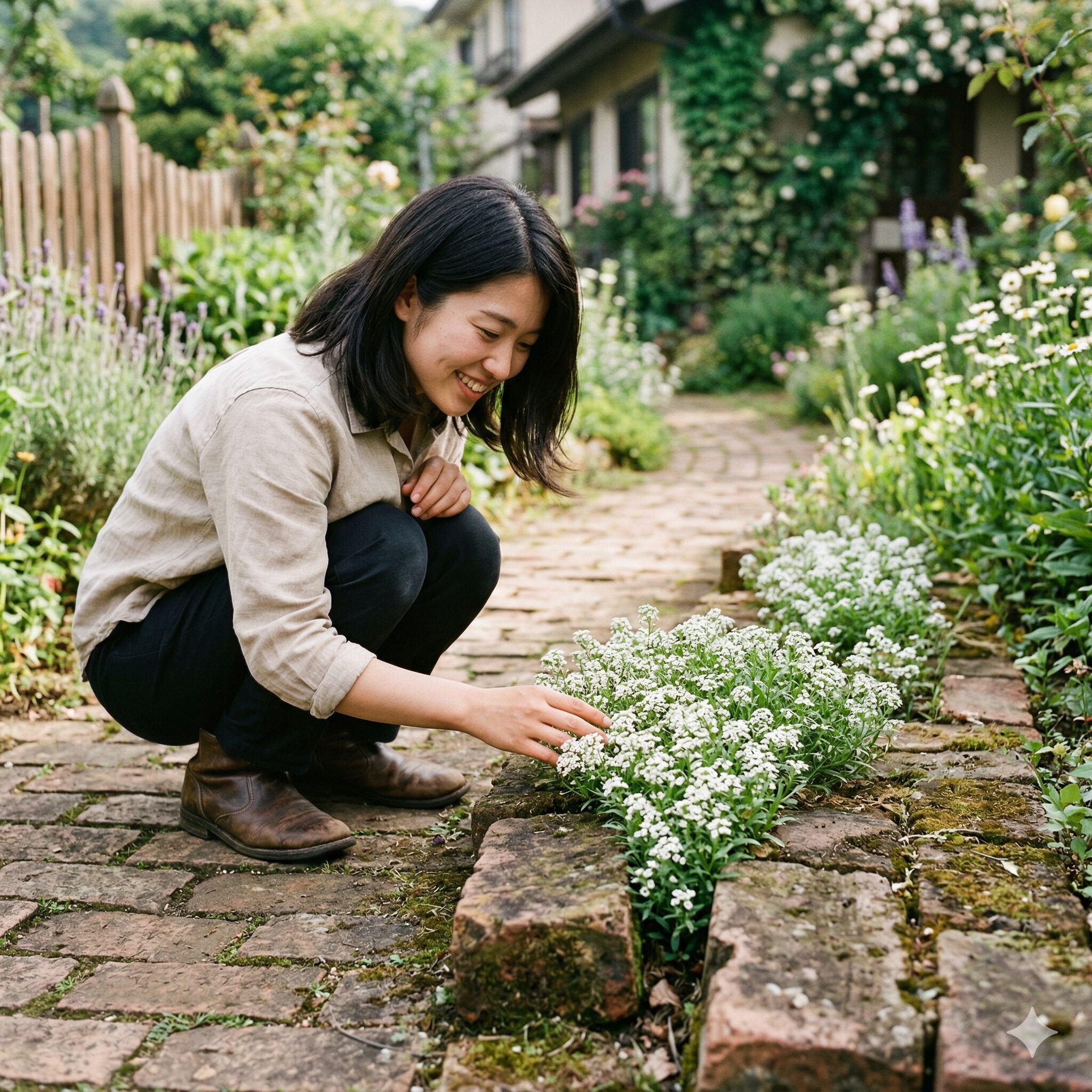 スイートアリッサム 増やし方5 レンガの隙間からこぼれ種で自然に生えて咲いたスイートアリッサム