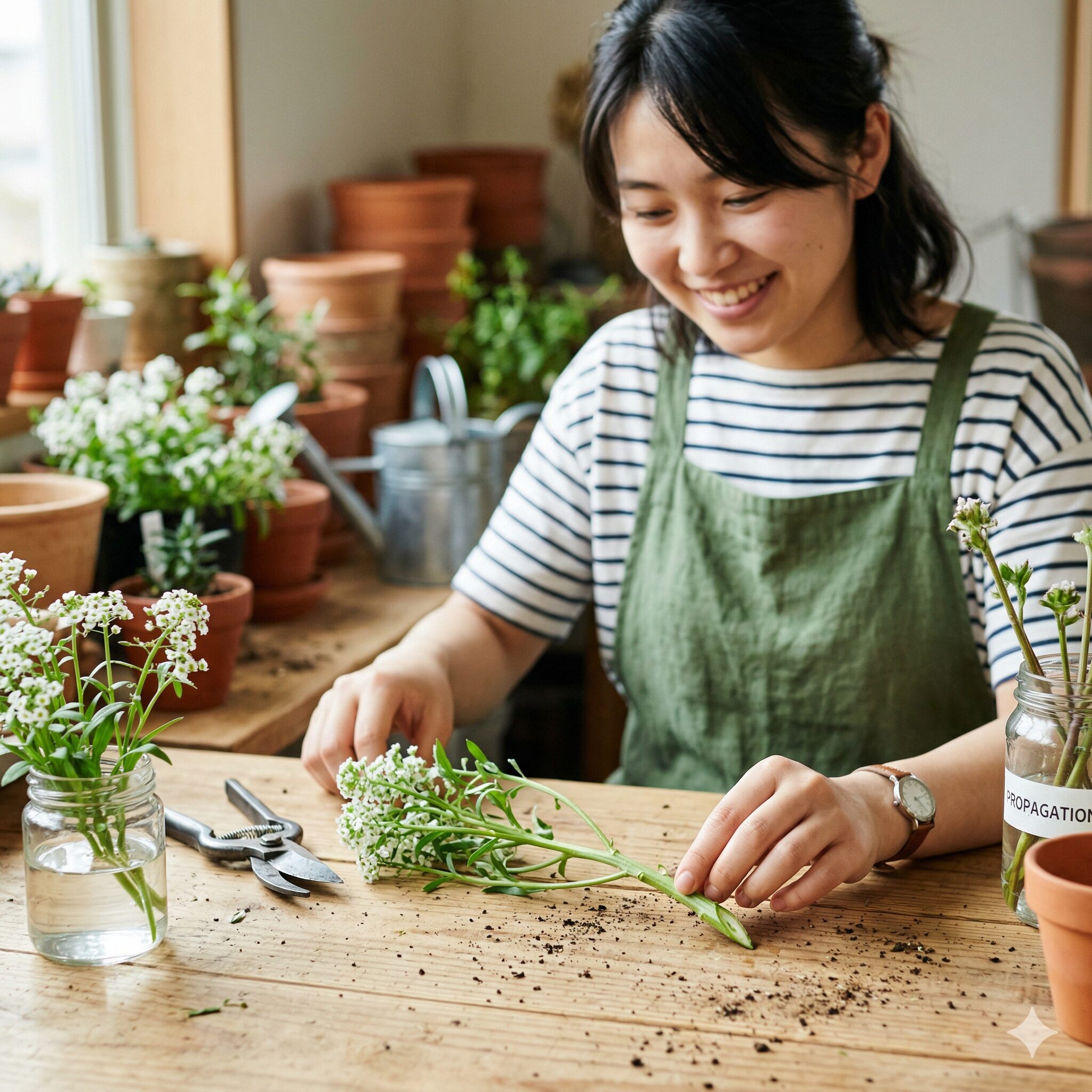 スイートアリッサム 増やし方6 葉を取り除き切り口を斜めにカットしたスイートアリッサムの挿し穂
