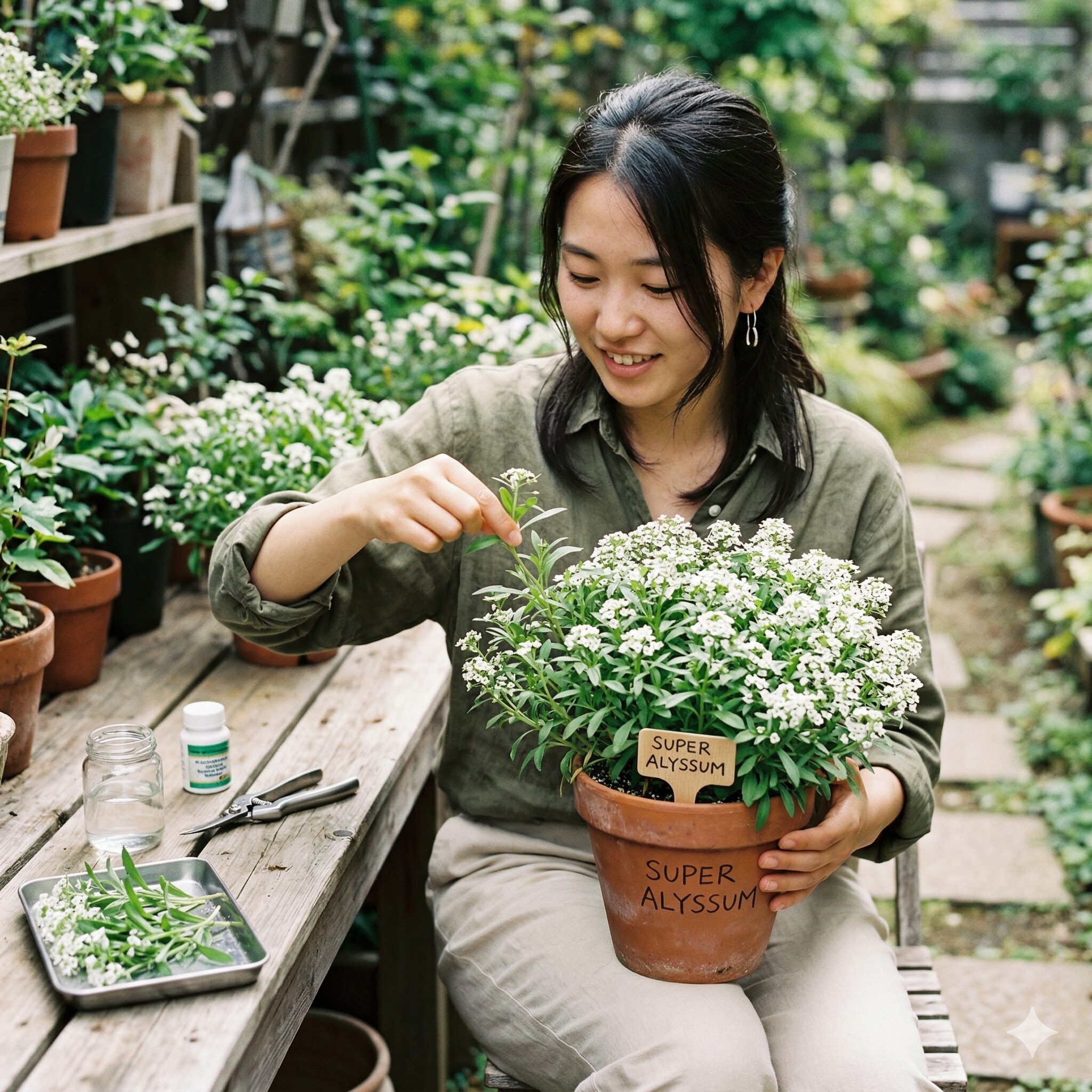 スイートアリッサム 増やし方7 増やすためにスーパーアリッサムの元気な脇芽を摘み取る様子