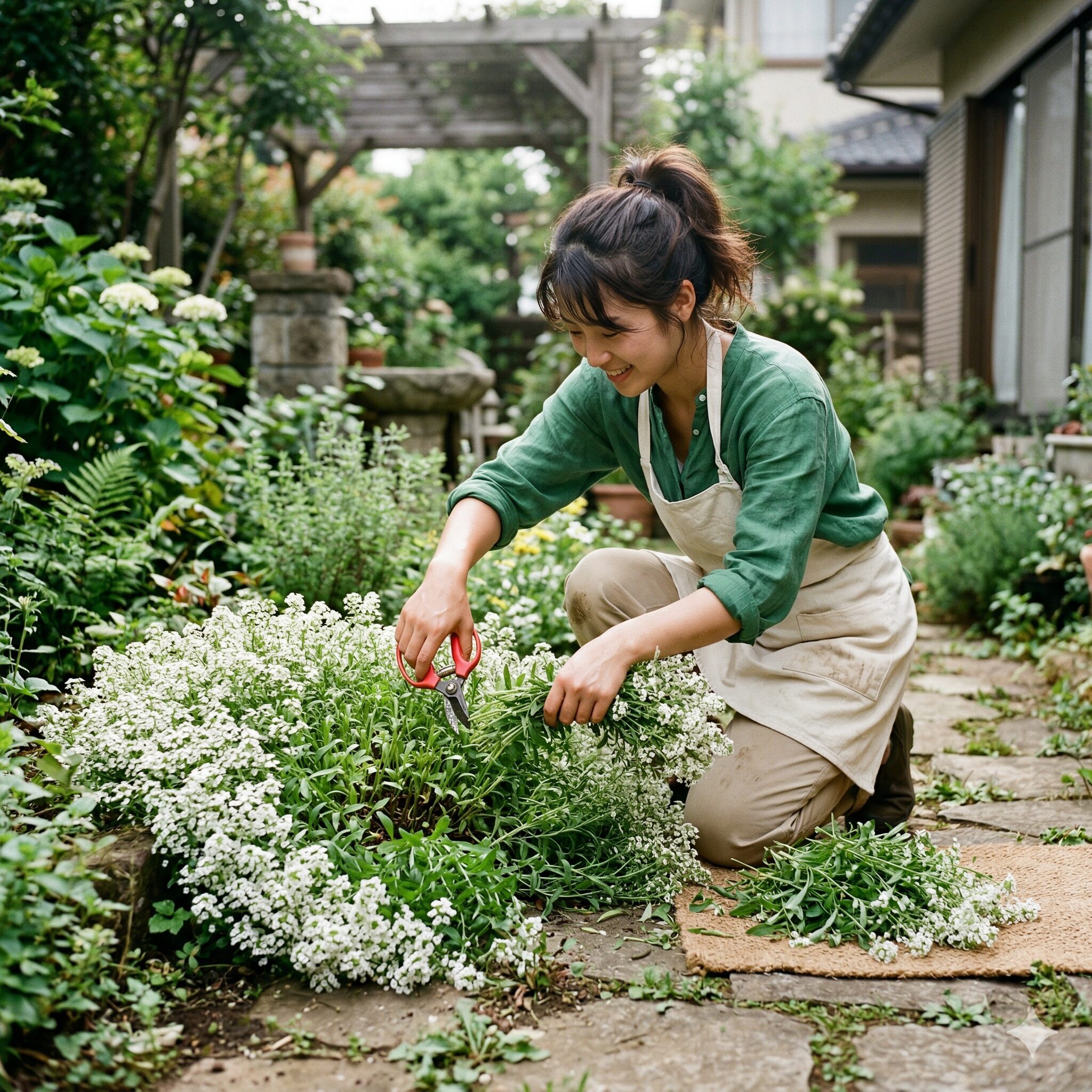 スイートアリッサム 増やし方8 夏越しのためにスイートアリッサムの株をハサミで切り戻す作業