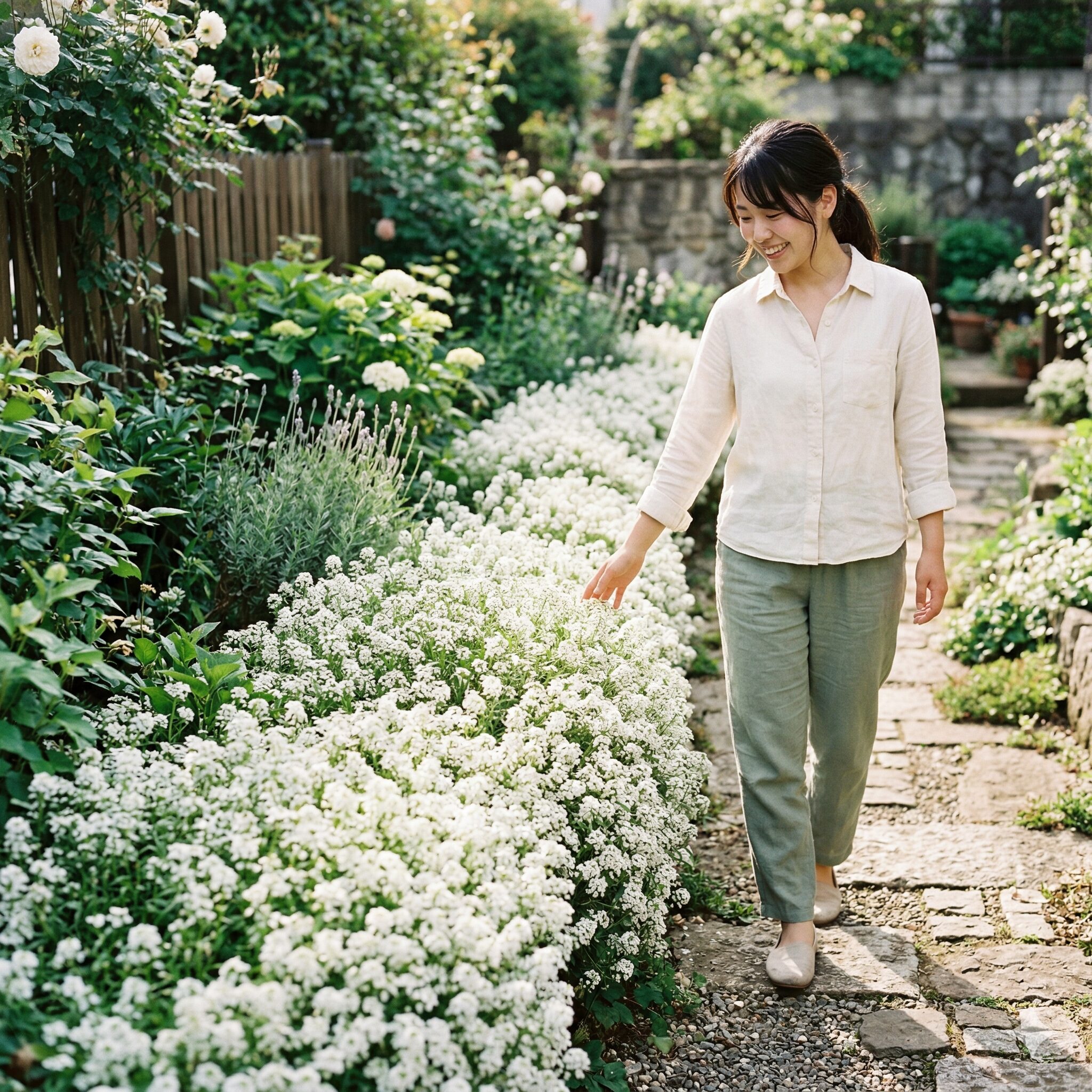 スイートアリッサム 種取り1　お庭で満開に咲き誇り白い花のじゅうたんを作るスイートアリッサムの風景
