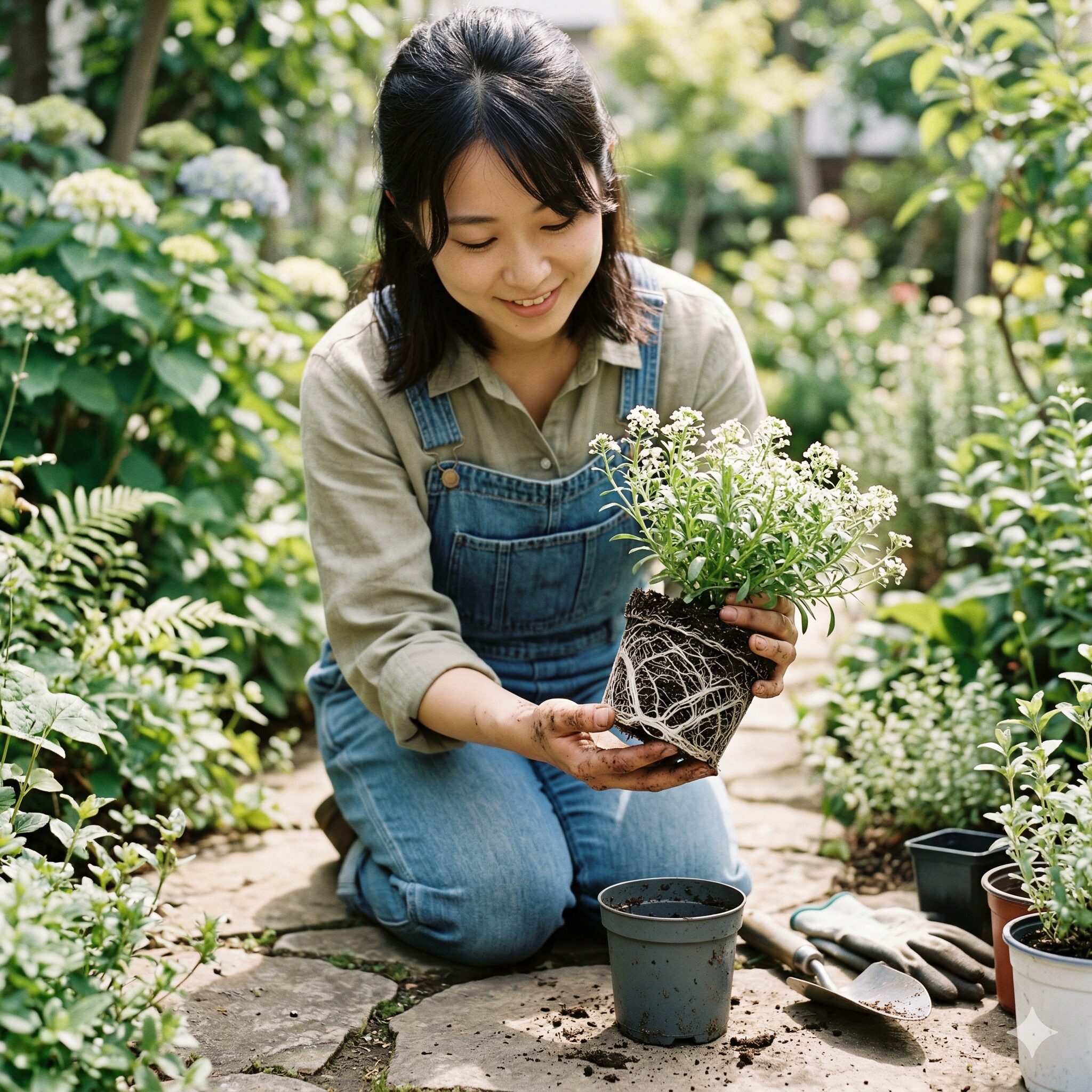スイートアリッサム 種取り10　根を傷めないよう根鉢を崩さずにポットから抜いたスイートアリッサムの苗