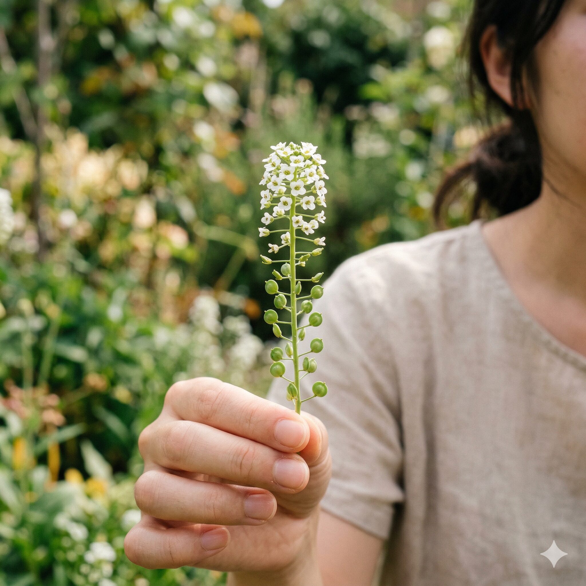 スイートアリッサム 種取り2　先端に花が咲き根元に種子の莢が並ぶスイートアリッサムの花茎
