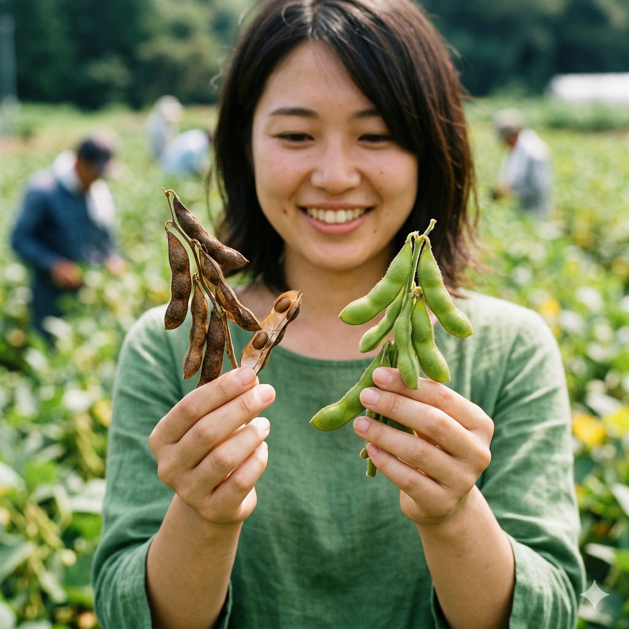 スイートアリッサム 種取り3　スイートアリッサムの未熟な緑色の莢と熟した茶色の莢の比較