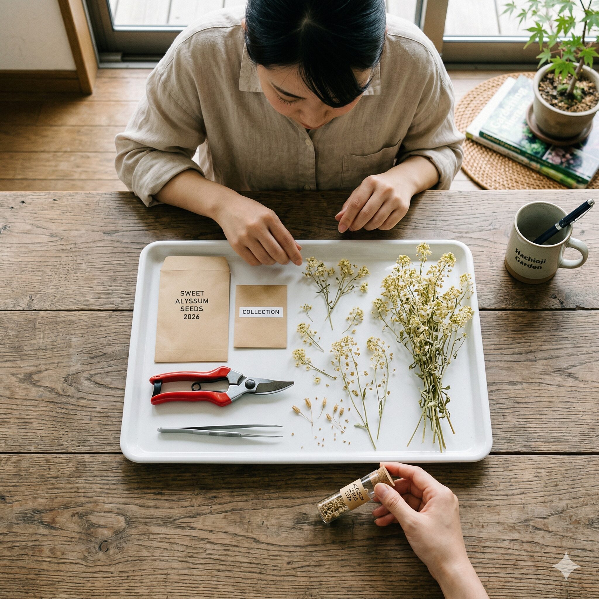 スイートアリッサム 種取り4　スイートアリッサムの種取りに使用するトレイや封筒などの道具一式