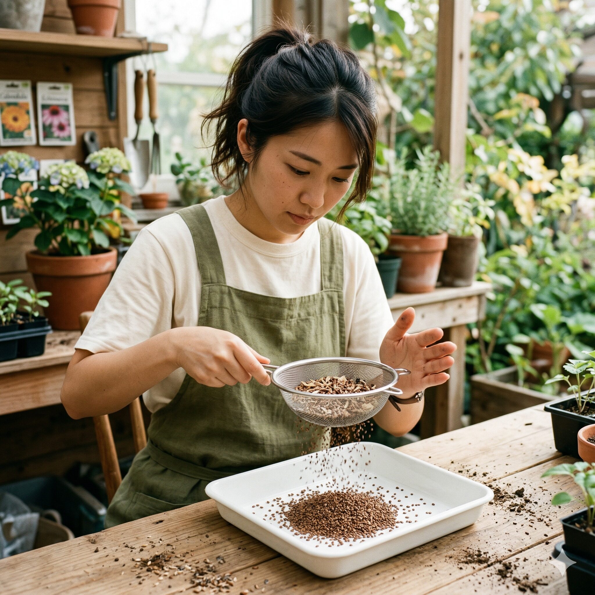 スイートアリッサム 種取り5　茶こしを使ってスイートアリッサムの種とゴミを仕分ける精選作業