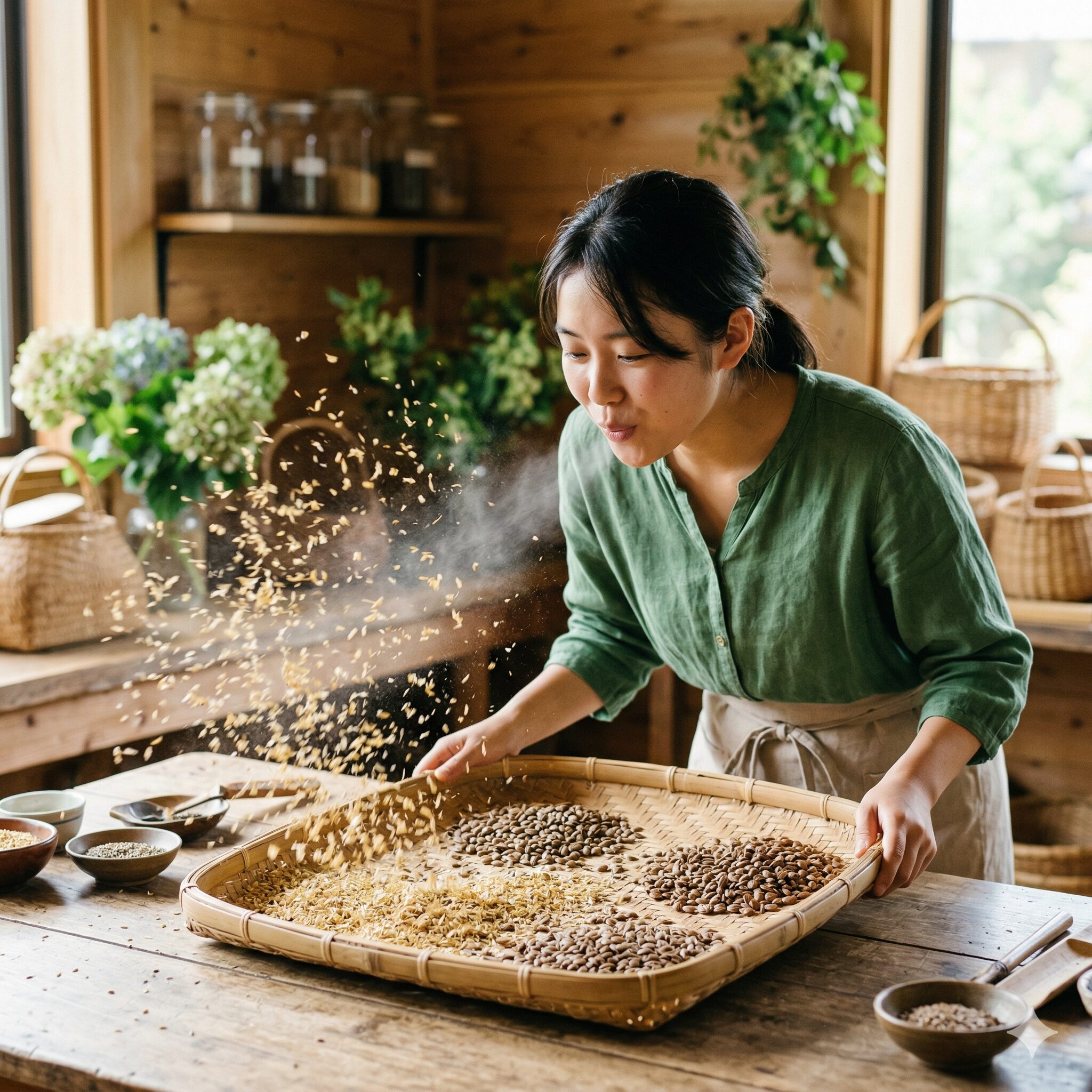 スイートアリッサム 種取り6　風を当てて軽い不純物を飛ばしスイートアリッサムの種を精選する様子