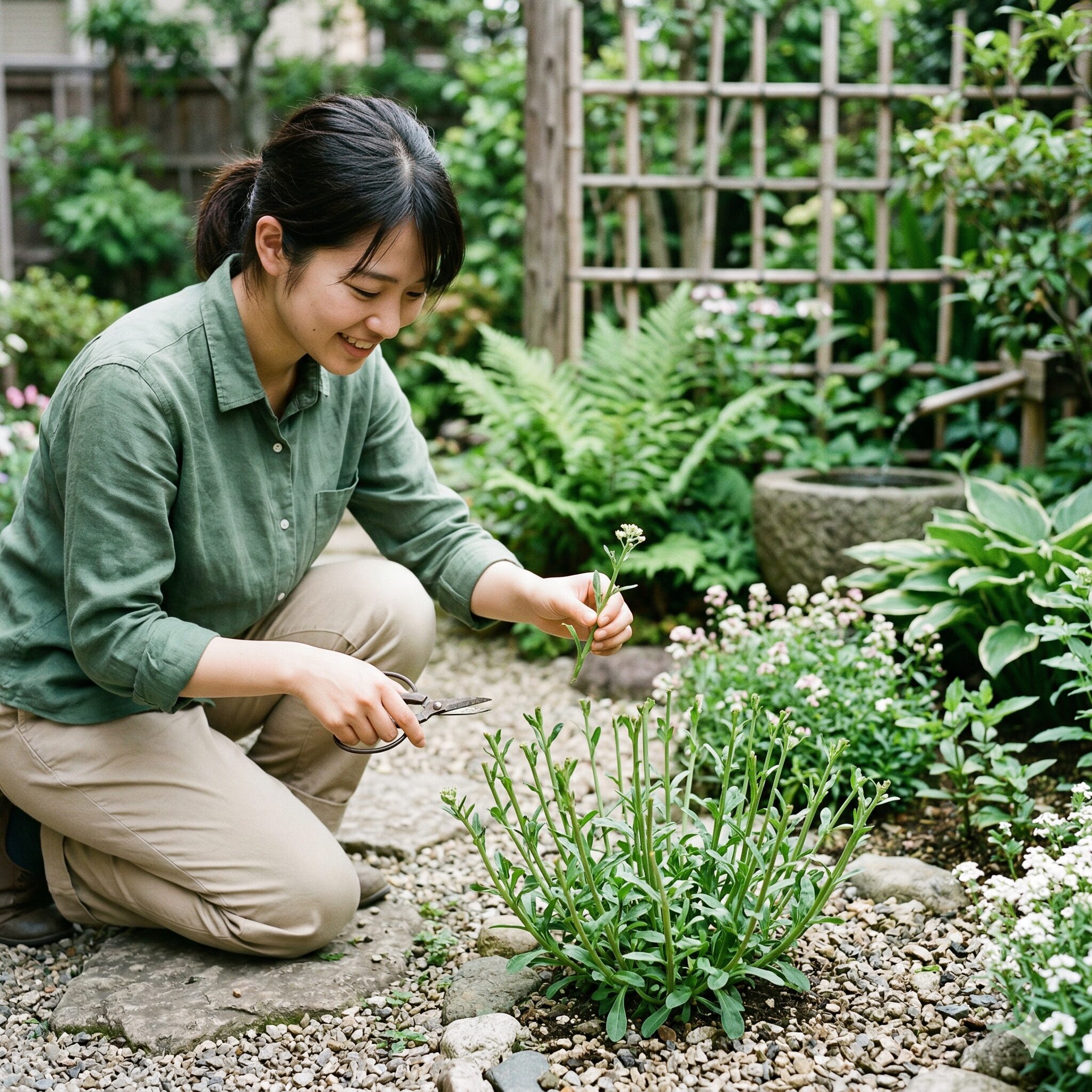 スイートアリッサム 種取り7　夏の蒸れを防ぐために切り戻しを行い風通しを改善したスイートアリッサム