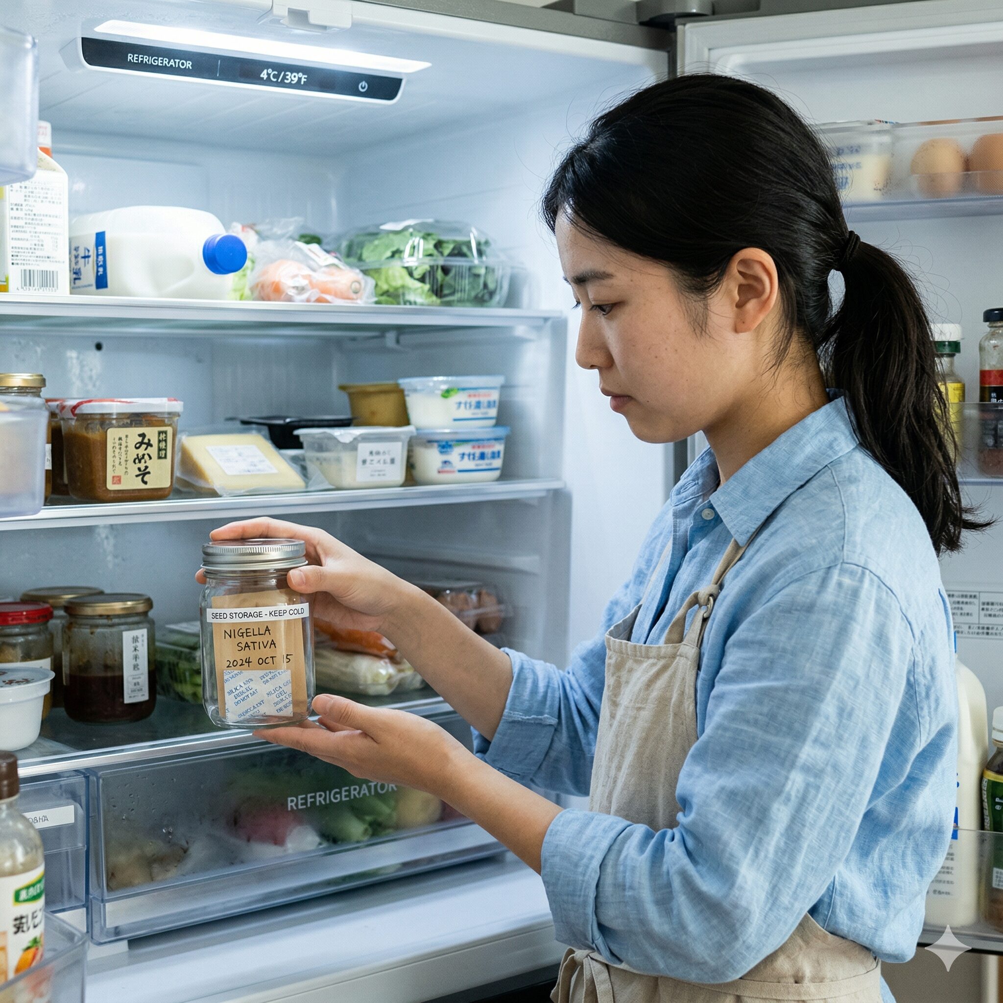 スイートアリッサム 種取り8　乾燥剤と一緒に冷蔵庫で適切に保管されたスイートアリッサムの種