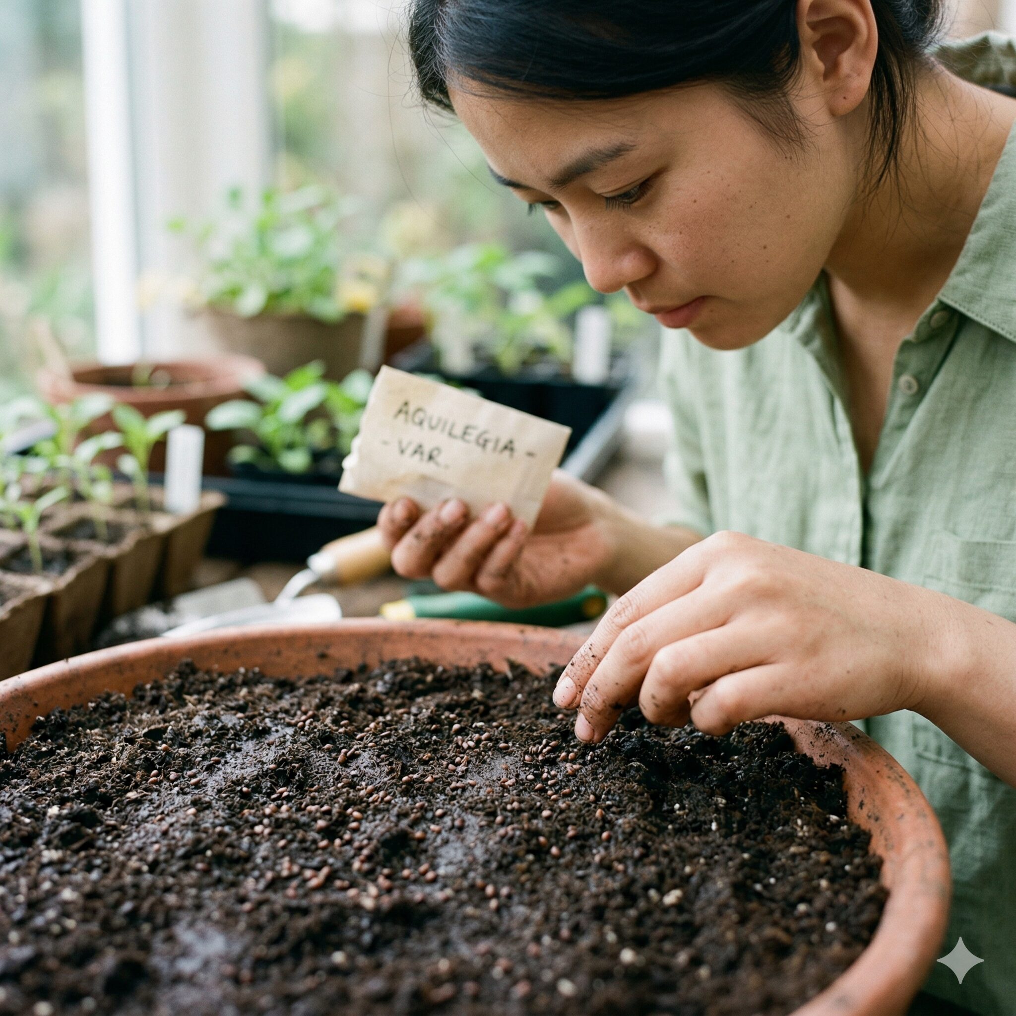 スイートアリッサム 種取り9　スイートアリッサムの種を専用土に薄くまいている様子