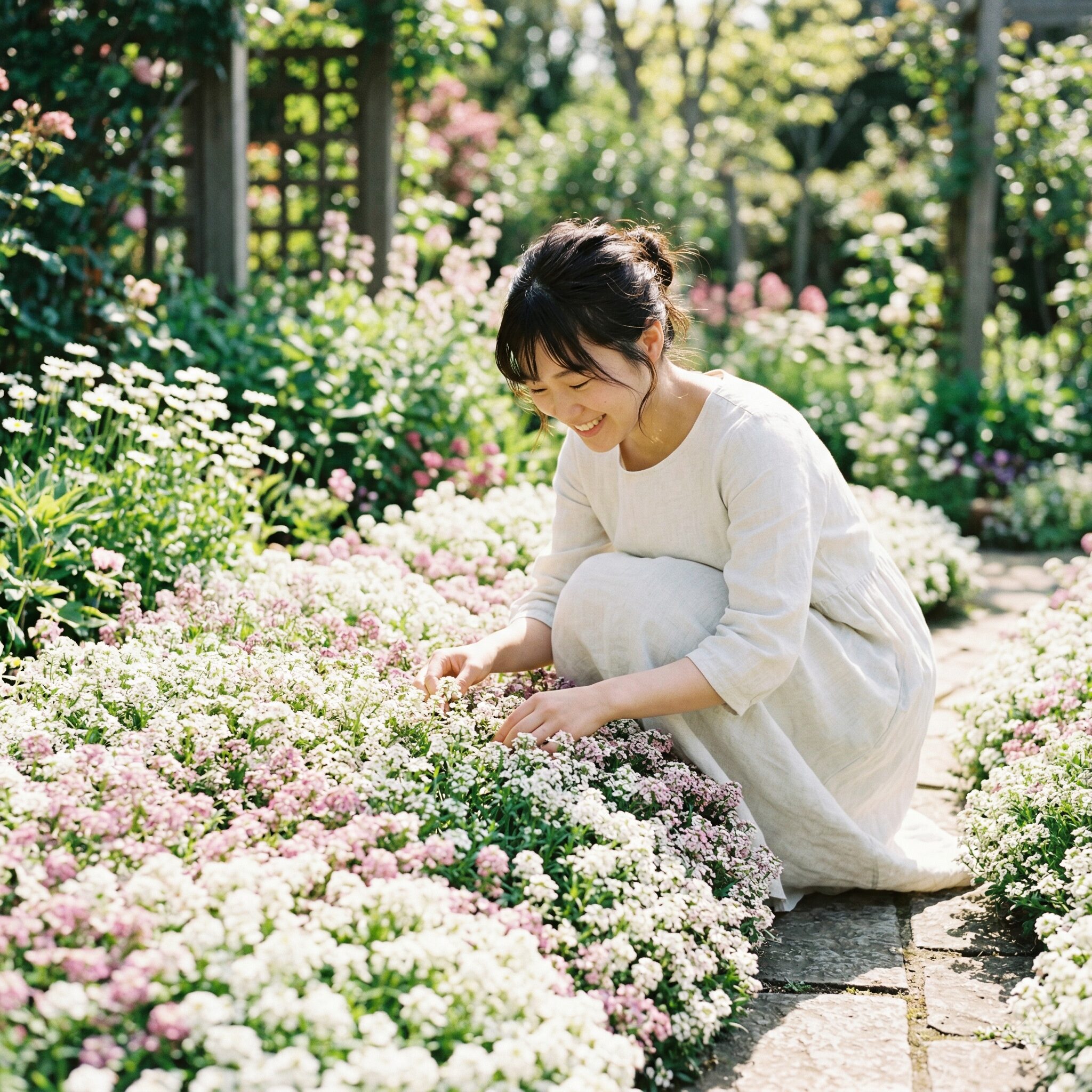 スイートアリッサム 虫1　花壇いっぱいに白とピンクの花が咲き誇る健康的なスイートアリッサムの絨毯