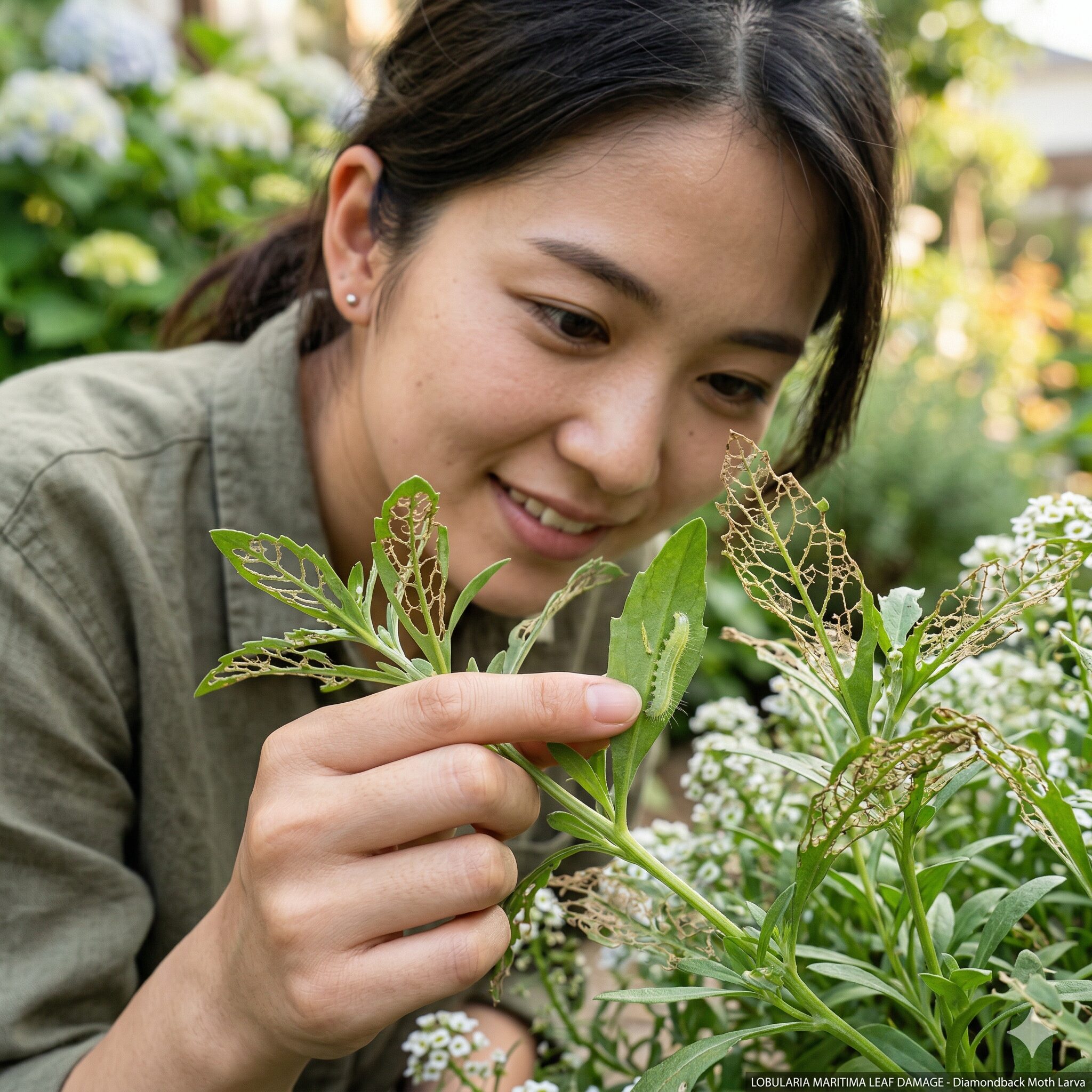 スイートアリッサム 虫2　コナガの幼虫による食害で葉が網目状に透けたスイートアリッサムの被害状況