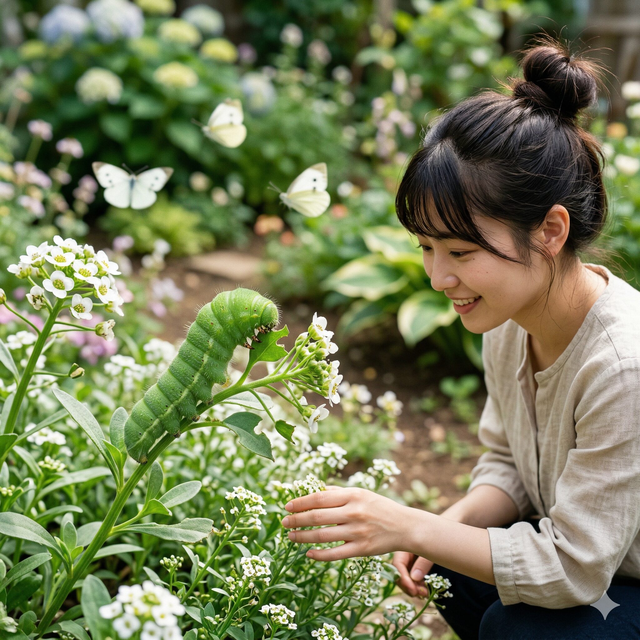 スイートアリッサム 虫3　スイートアリッサムの葉を食べるモンシロチョウの幼虫（アオムシ）