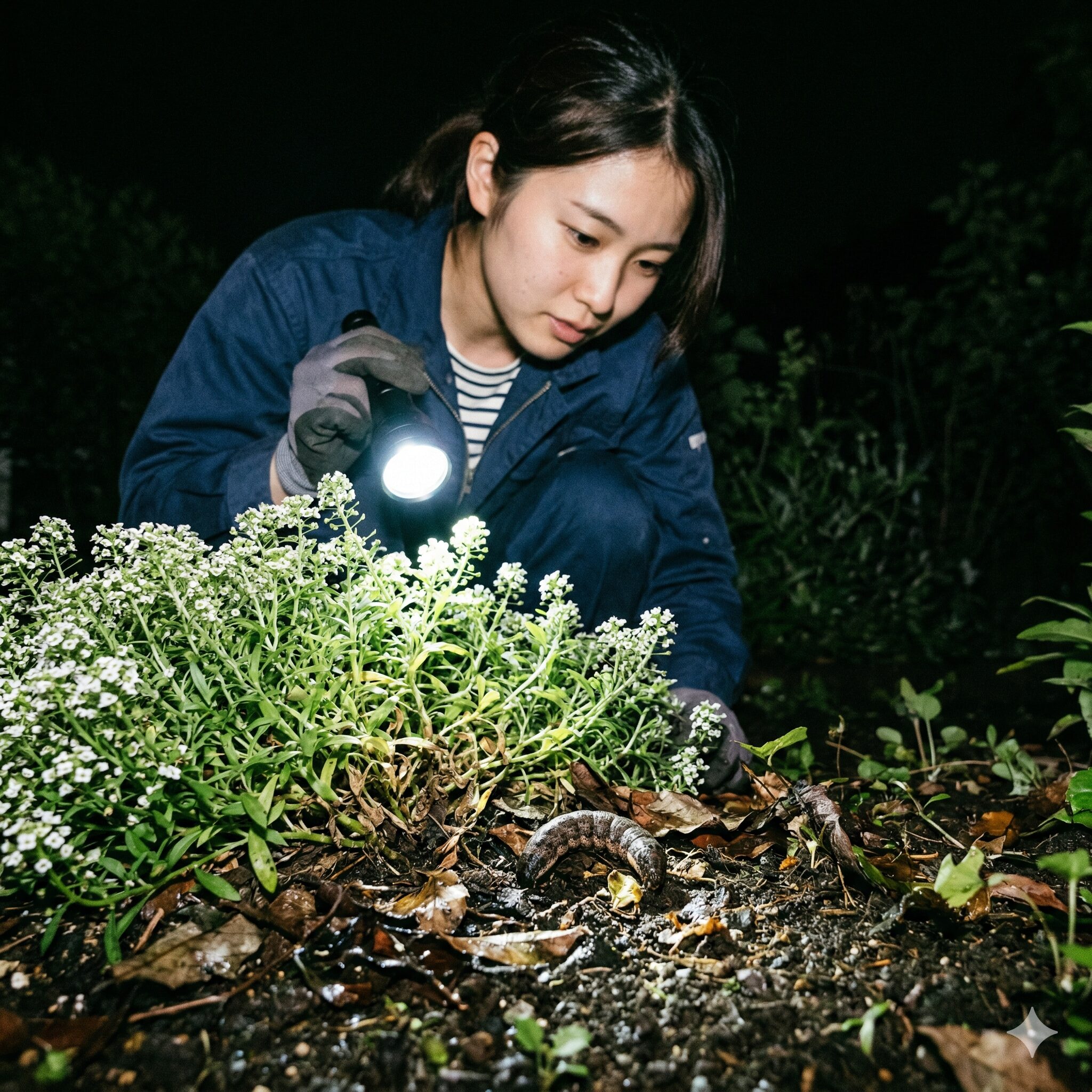 スイートアリッサム 虫4　夜間にスイートアリッサムの株元から現れたヨトウムシの駆除イメージ