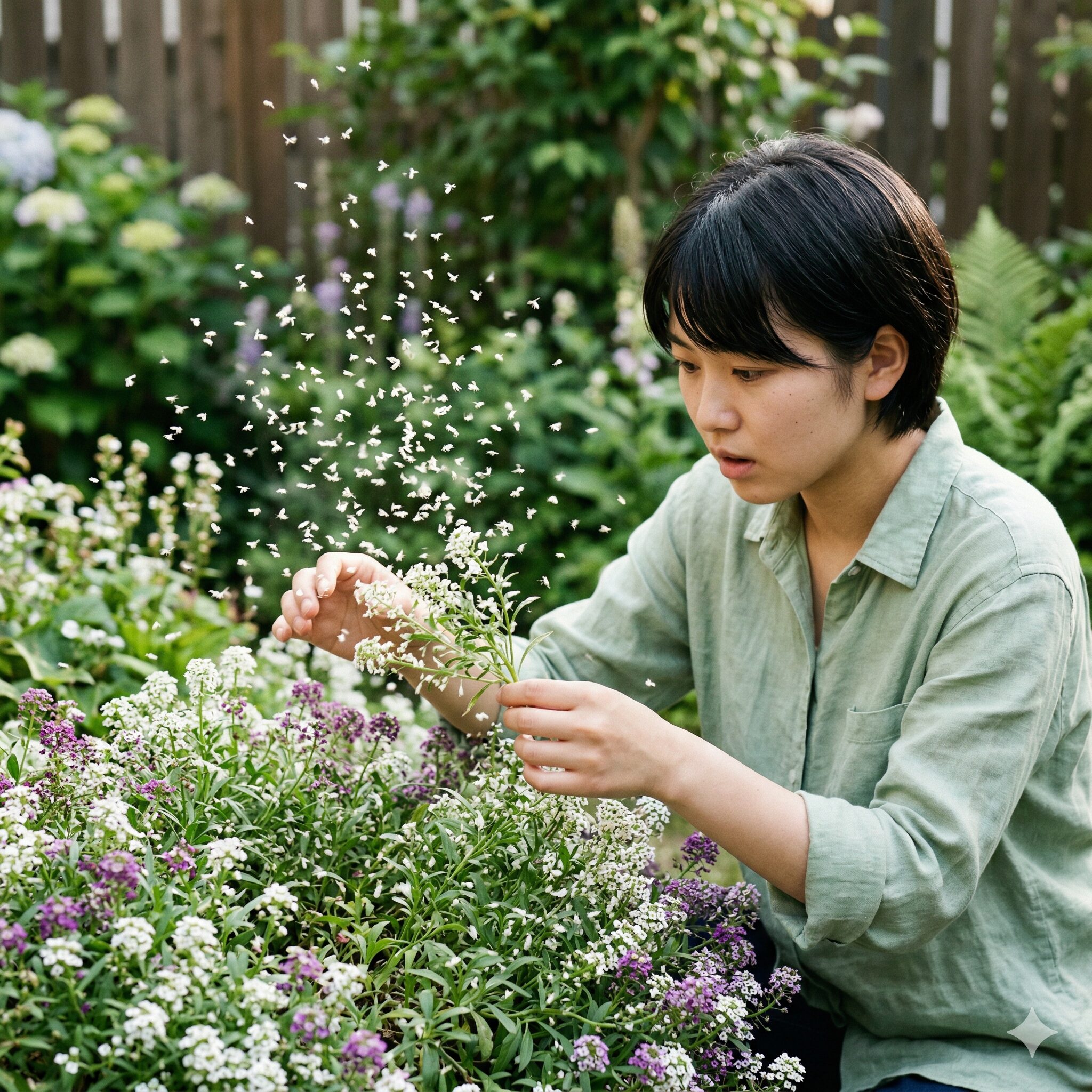 スイートアリッサム 虫5　スイートアリッサムに付着した白いコナカイガラムシと飛散するコナジラミ