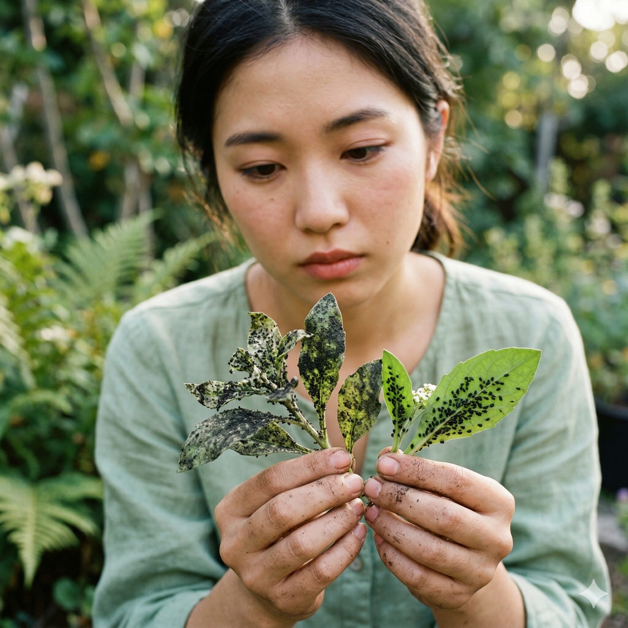 スイートアリッサム 虫6　アブラムシの二次被害ですす病が発生し黒く汚れたスイートアリッサムの葉
