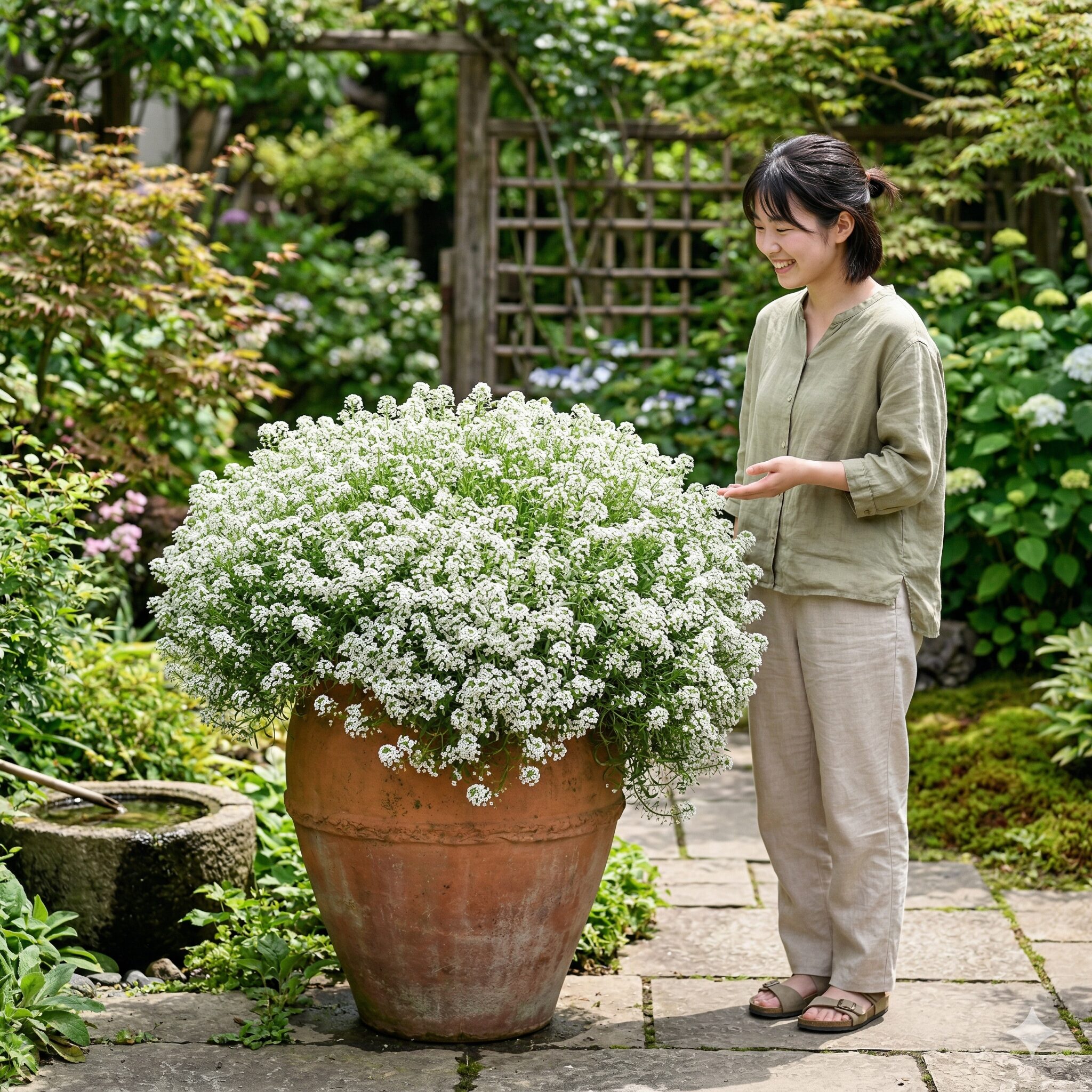スイートアリッサム 虫7　旺盛に育ち鉢いっぱいに満開となった強健なスーパーアリッサムの鉢植え
