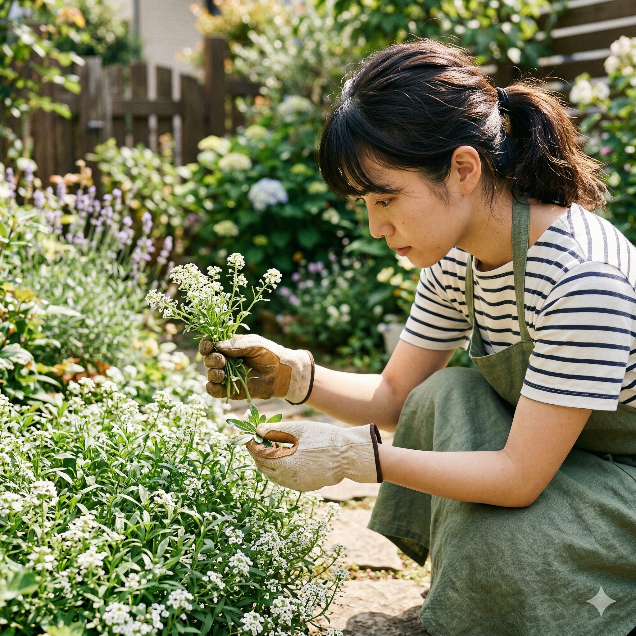 スイートアリッサム 虫8　スイートアリッサムの葉の裏をチェックして害虫を早期発見するガーデナーの手元