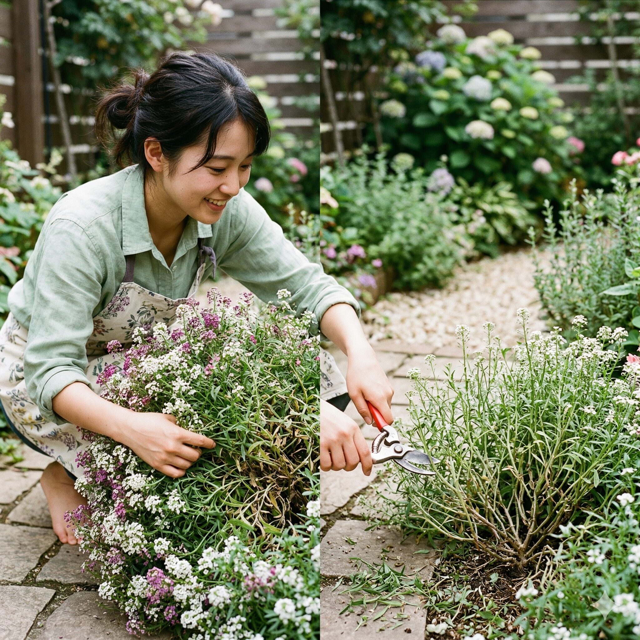 スイートアリッサム 虫9　風通しを良くして蒸れを防ぐスイートアリッサムの切り戻し作業の様子