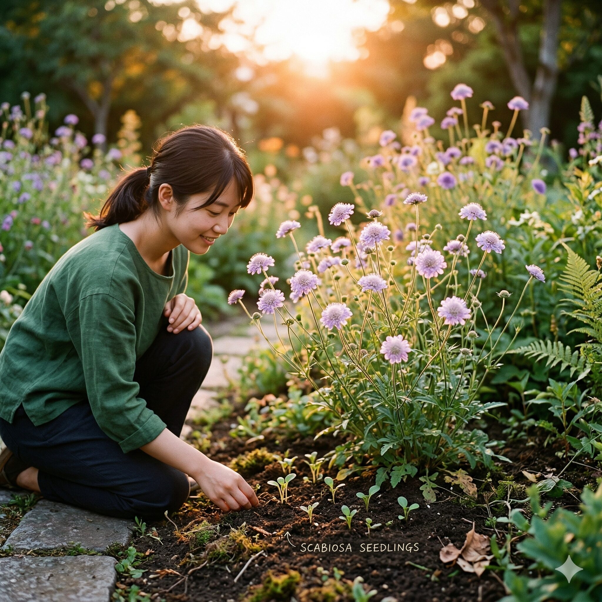 スカビオサ こぼれ種1　満開のスカビオサの親株とその足元に自生したこぼれ種の幼苗