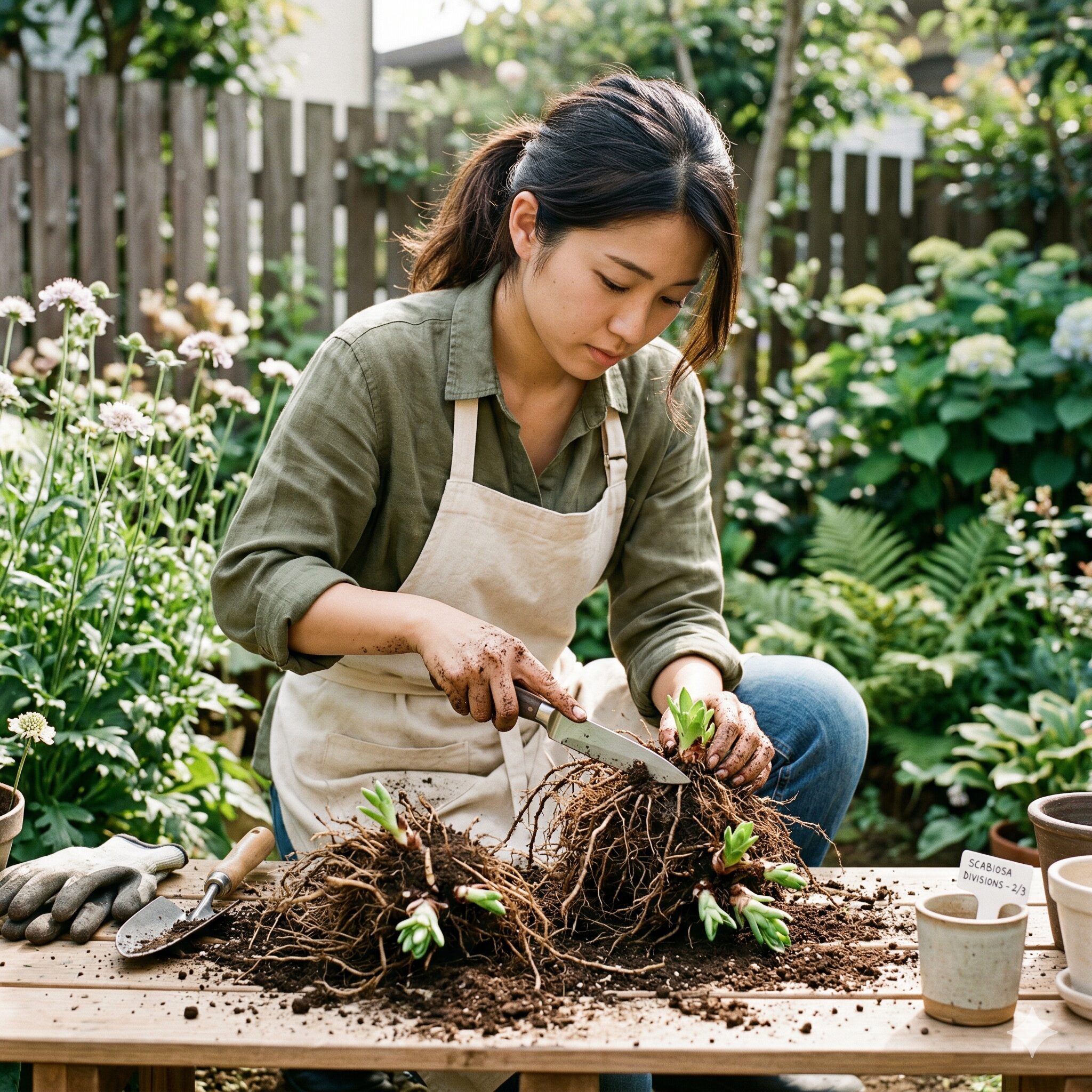 スカビオサ こぼれ種10　カビオサの親株を切り分けて行う株分け作業