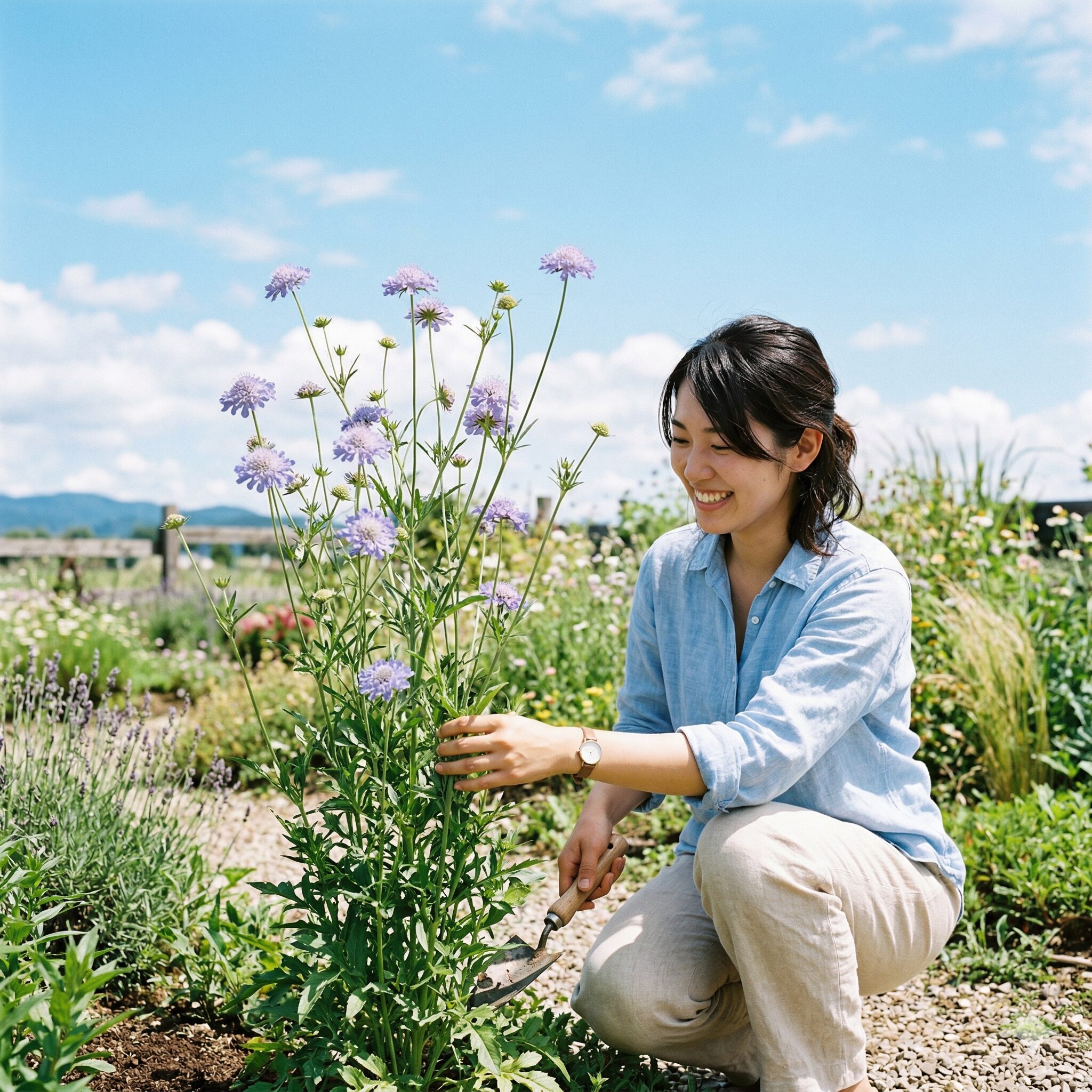 スカビオサ こぼれ種2　日当たりの良い庭で健康的に育つスカビオサの花