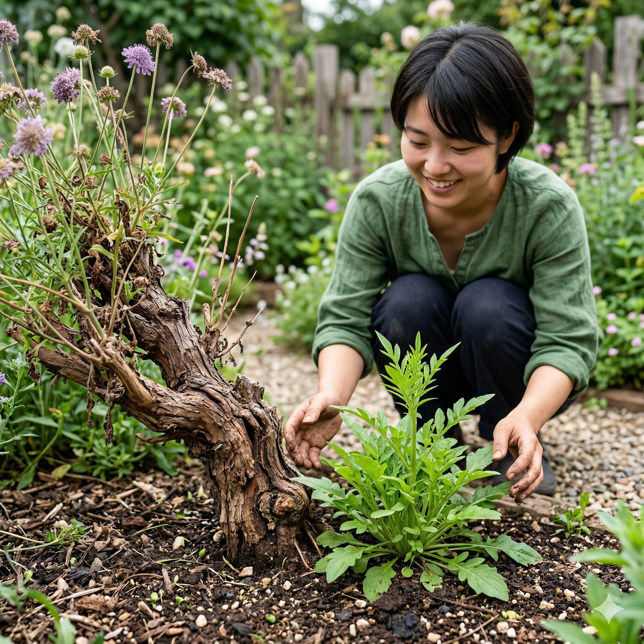 スカビオサ こぼれ種3　寿命が近い木質化したスカビオサの親株と新世代の苗の対比