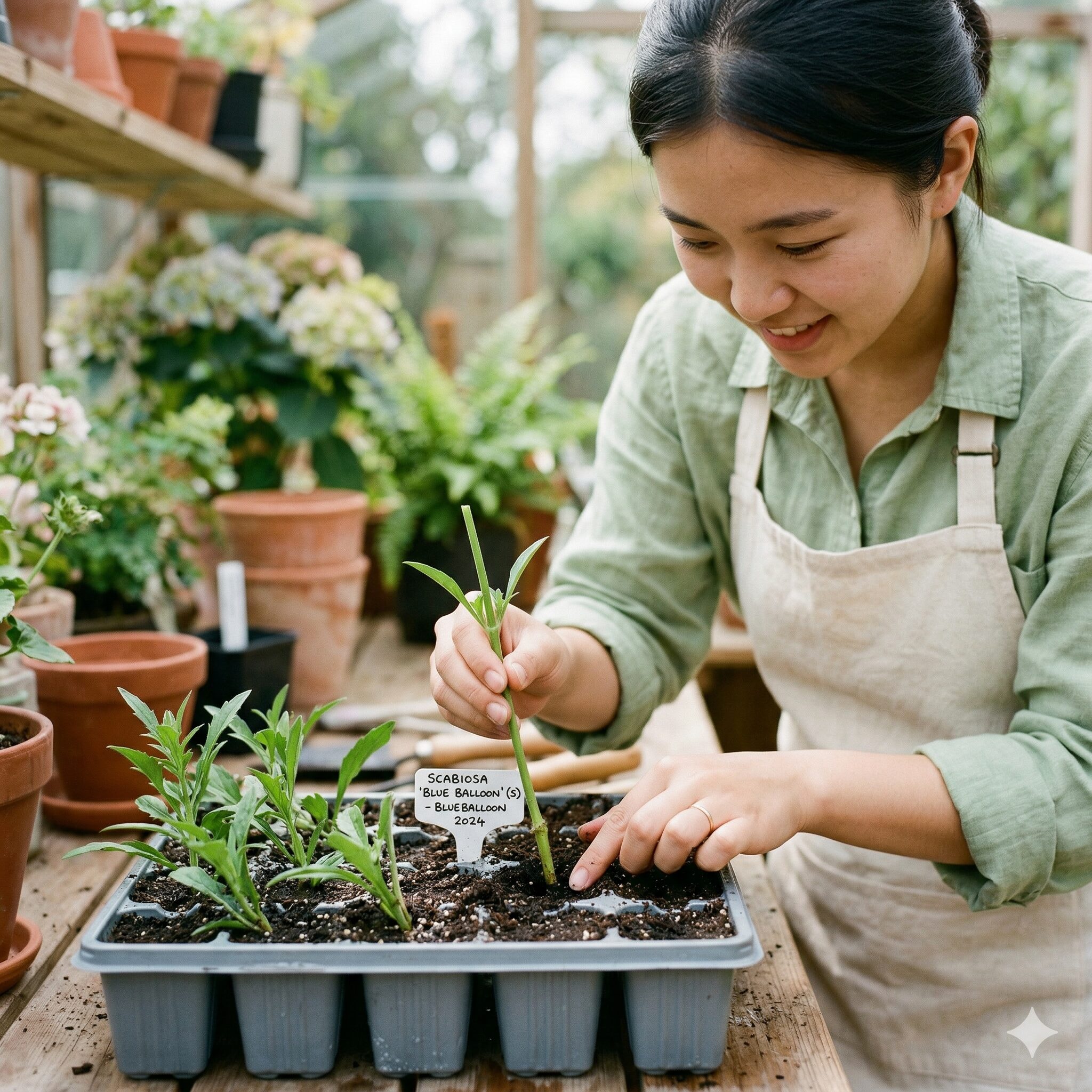 スカビオサ こぼれ種4　品種を維持するためにスカビオサのブルーバルーンを挿し木で増やす様子