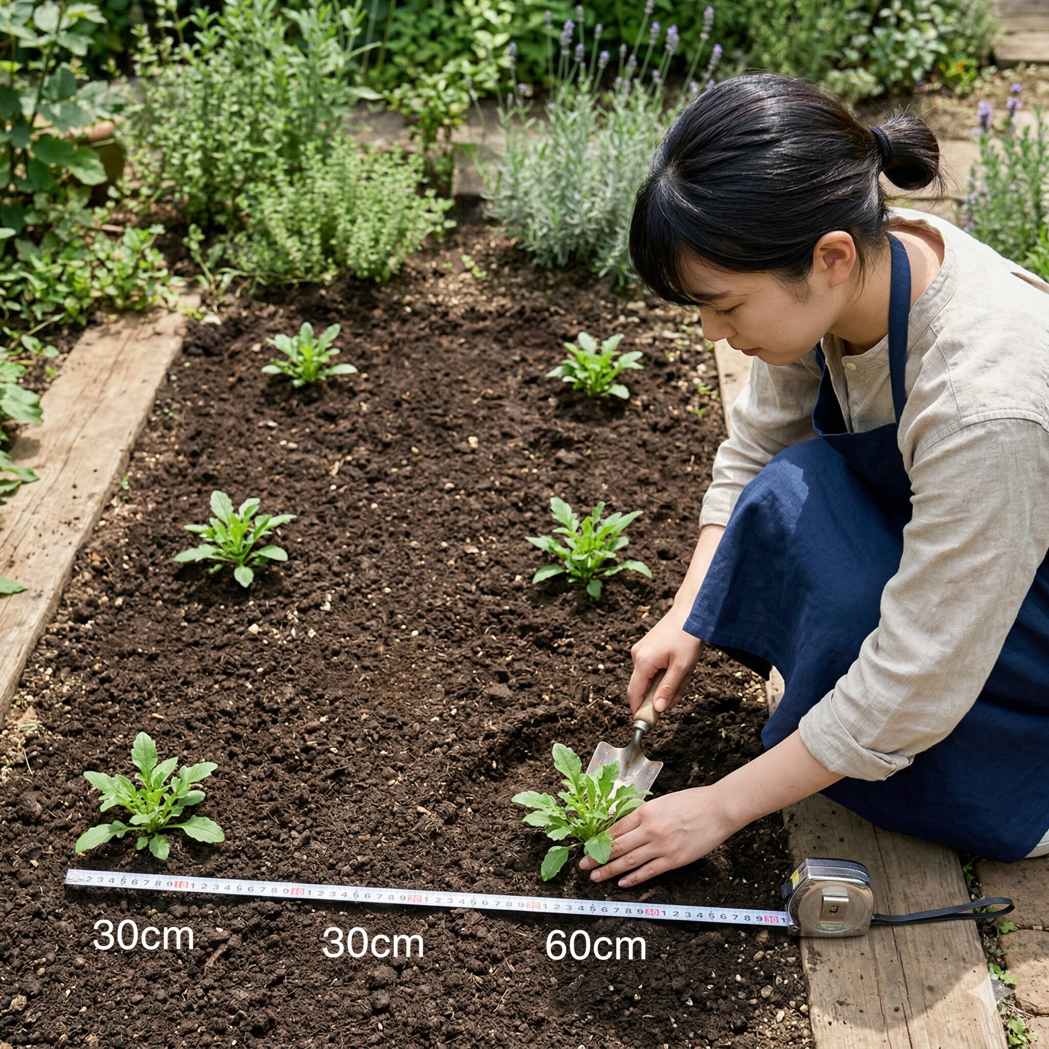 スカビオサ こぼれ種5　こぼれ種の着床スペースを意識して適切な株間で植え付けられたスカビオサ
