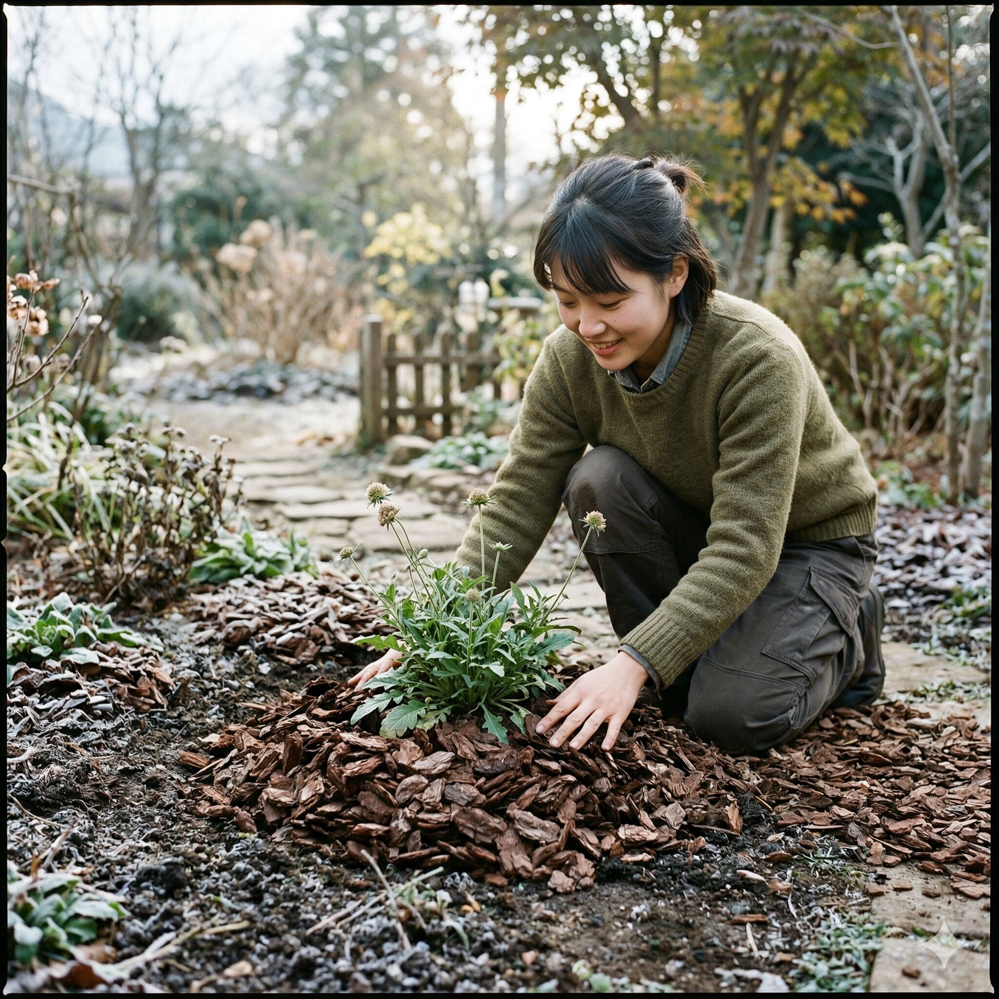 スカビオサ こぼれ種7　霜柱や乾燥から守るためにバークチップでマルチングされたスカビオサの株元