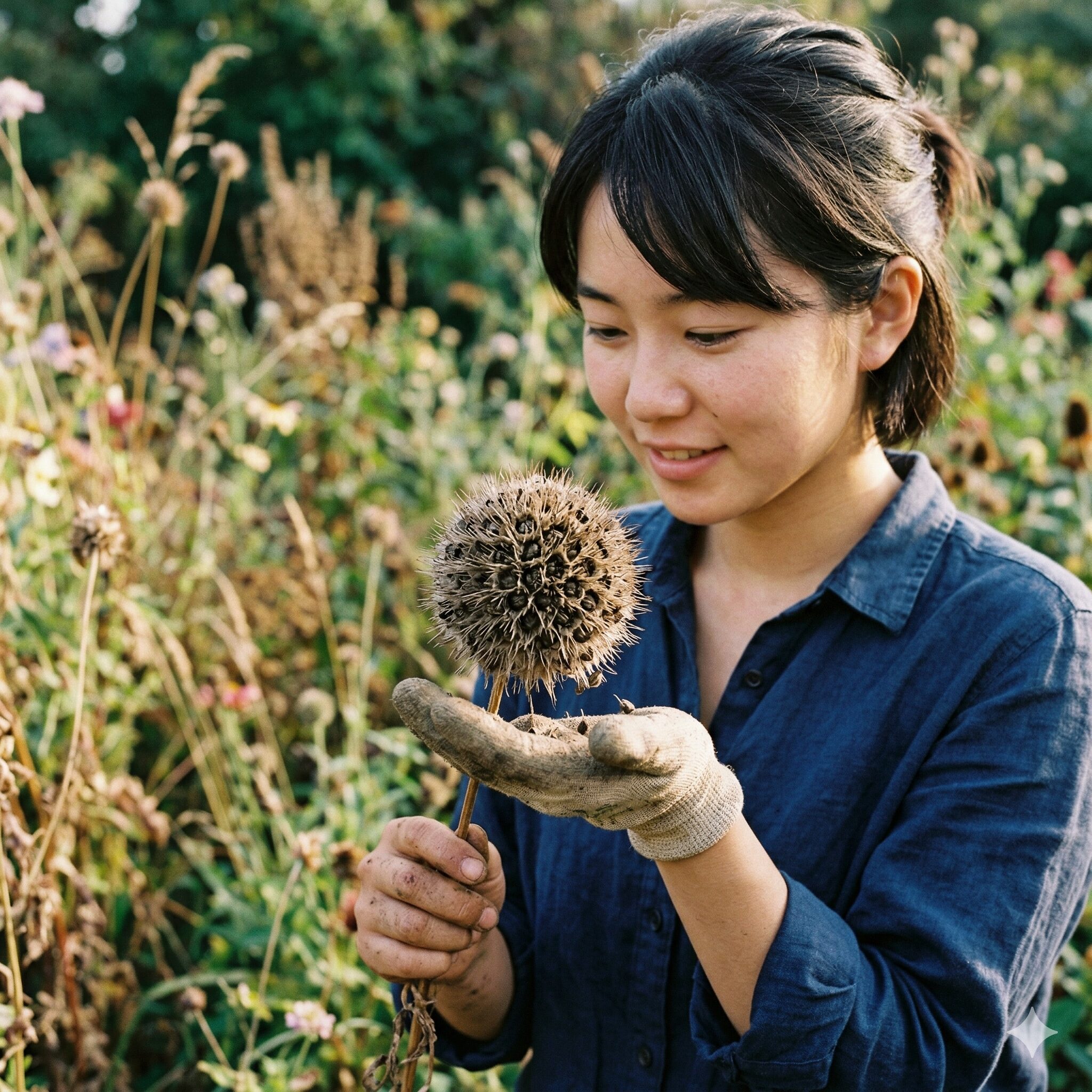 スカビオサ こぼれ種8　こぼれ種を増やすためにあえて残した茶色く熟したスカビオサの種