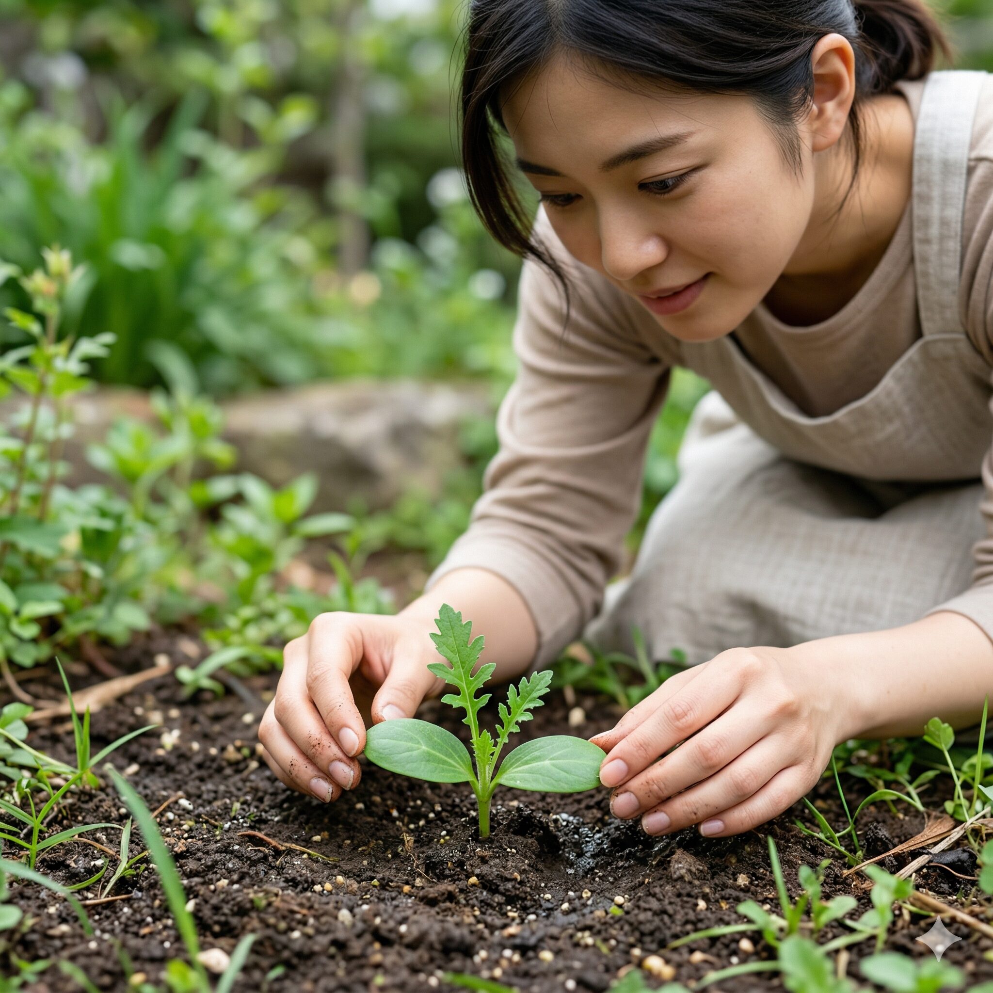スカビオサ こぼれ種9　切れ込みのある本葉が出てきたスカビオサの幼苗の特徴