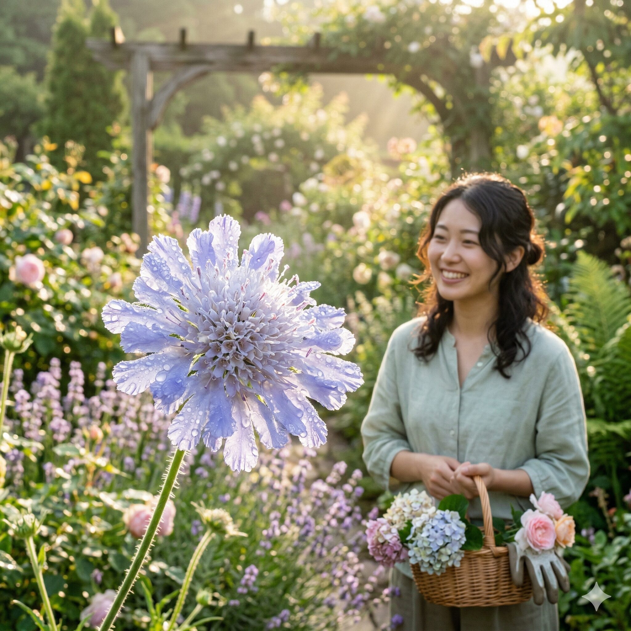 スカビオサ の 育て 方1　朝の光を浴びて庭に美しく咲く淡いブルーのスカビオサの花